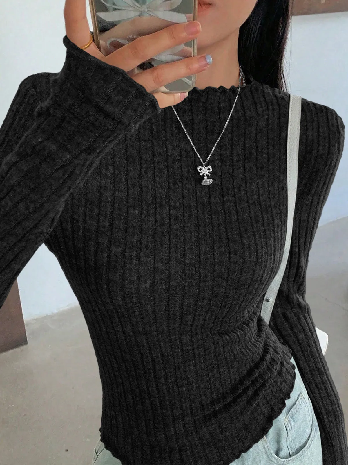 PRETTYGARDEN Womens Long Sleeve Shirts 2026 Fashion Lettuce Trim Mock Neck Slim Fit Fall Tops Casual Tee Shirt Y2k Outfits sold by PrettyGarden product image thumbnail 5