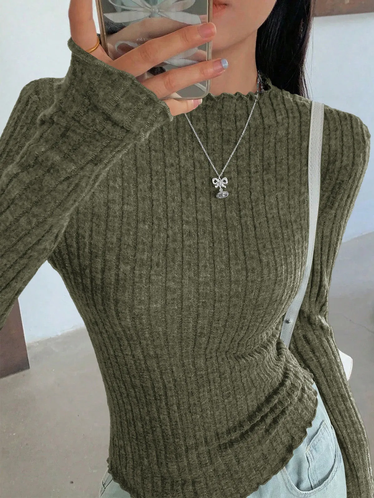 PRETTYGARDEN Womens Long Sleeve Shirts 2026 Fashion Lettuce Trim Mock Neck Slim Fit Fall Tops Casual Tee Shirt Y2k Outfits sold by PrettyGarden product image thumbnail 2