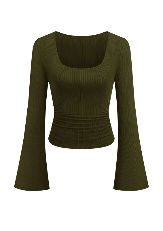 PRETTYGARDEN Womens Long Bell Sleeve Going Out Tops Fall Fashion 2026 Square Neck Ruched Ribbed Shirts Winter Y2K Clothes made by PrettyGarden
