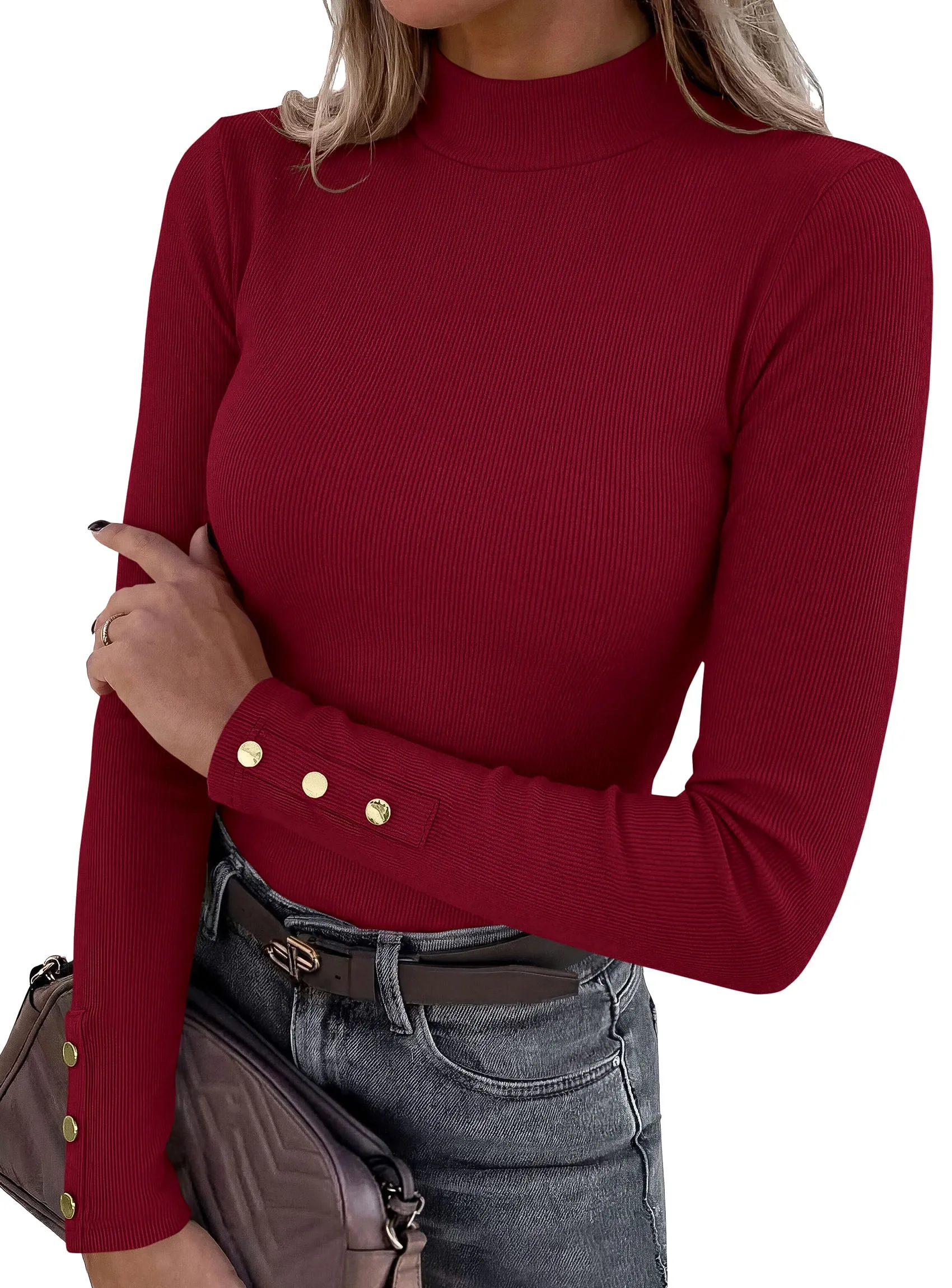 PRETTYGARDEN Women's Long Sleeve Shirts Fall Going Out Tops | Slim Fitted Basic Tees, Mock Neck, Ribbed Knit, Decorative Buttons, Work Office Wear, Casual Outfits, Layering Winter Clothes sold by PrettyGarden product image thumbnail 5