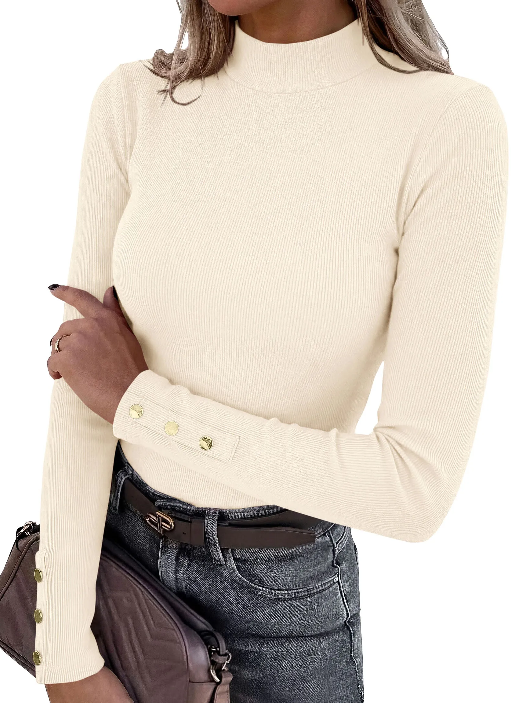 PRETTYGARDEN Women's Long Sleeve Shirts Fall Going Out Tops | Slim Fitted Basic Tees, Mock Neck, Ribbed Knit, Decorative Buttons, Work Office Wear, Casual Outfits, Layering Winter Clothes sold by PrettyGarden product image thumbnail 2