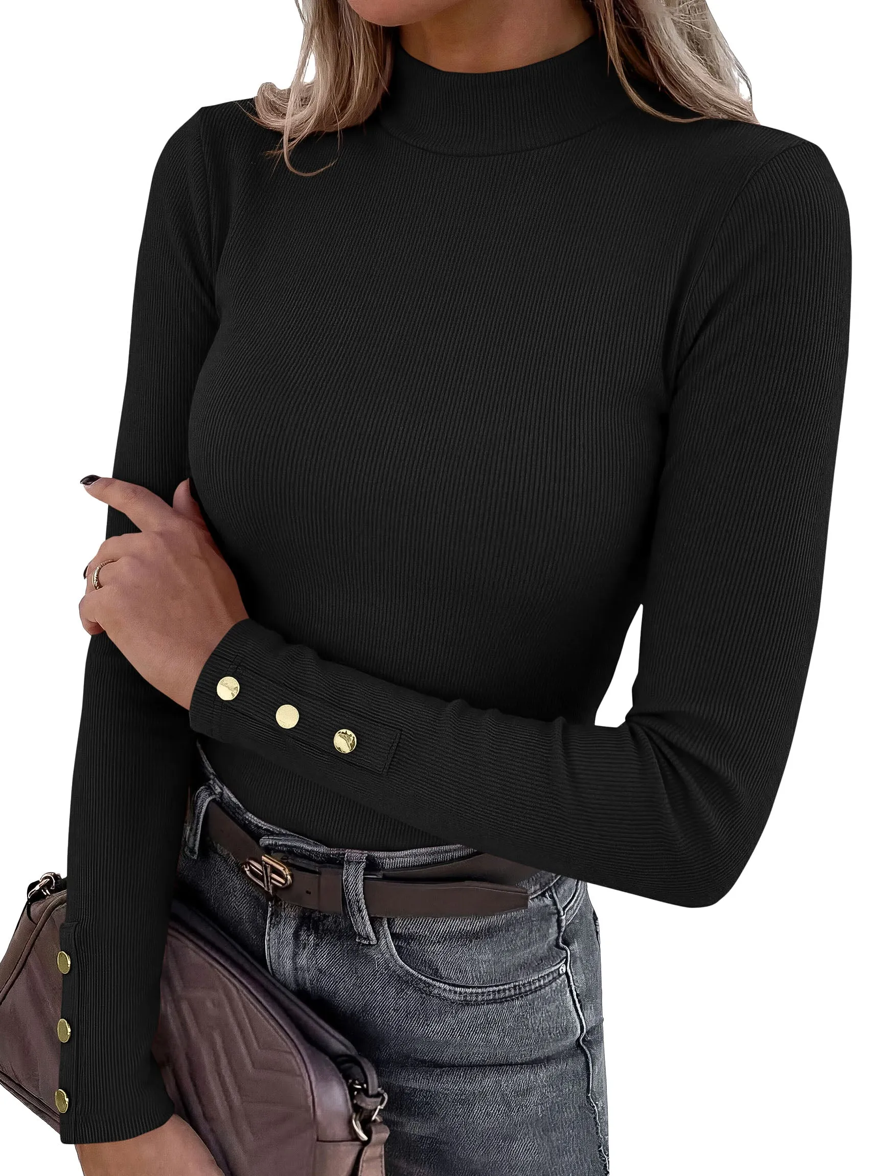 PRETTYGARDEN Women's Long Sleeve Shirts Fall Going Out Tops | Slim Fitted Basic Tees, Mock Neck, Ribbed Knit, Decorative Buttons, Work Office Wear, Casual Outfits, Layering Winter Clothes sold by PrettyGarden product image thumbnail 3