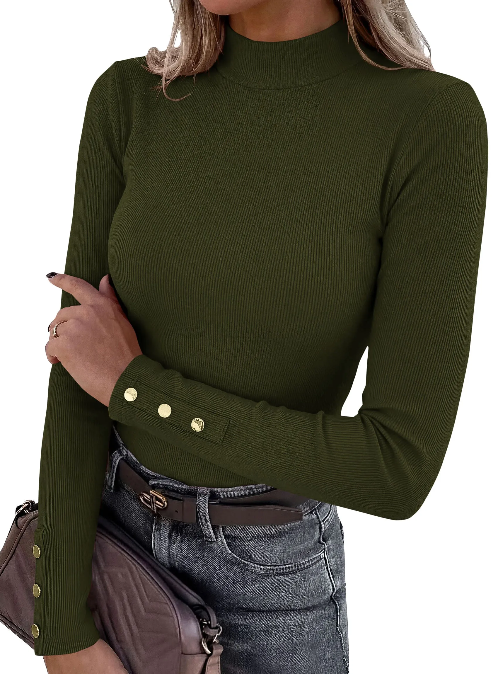 PRETTYGARDEN Women's Long Sleeve Shirts Fall Going Out Tops | Slim Fitted Basic Tees, Mock Neck, Ribbed Knit, Decorative Buttons, Work Office Wear, Casual Outfits, Layering Winter Clothes sold by PrettyGarden