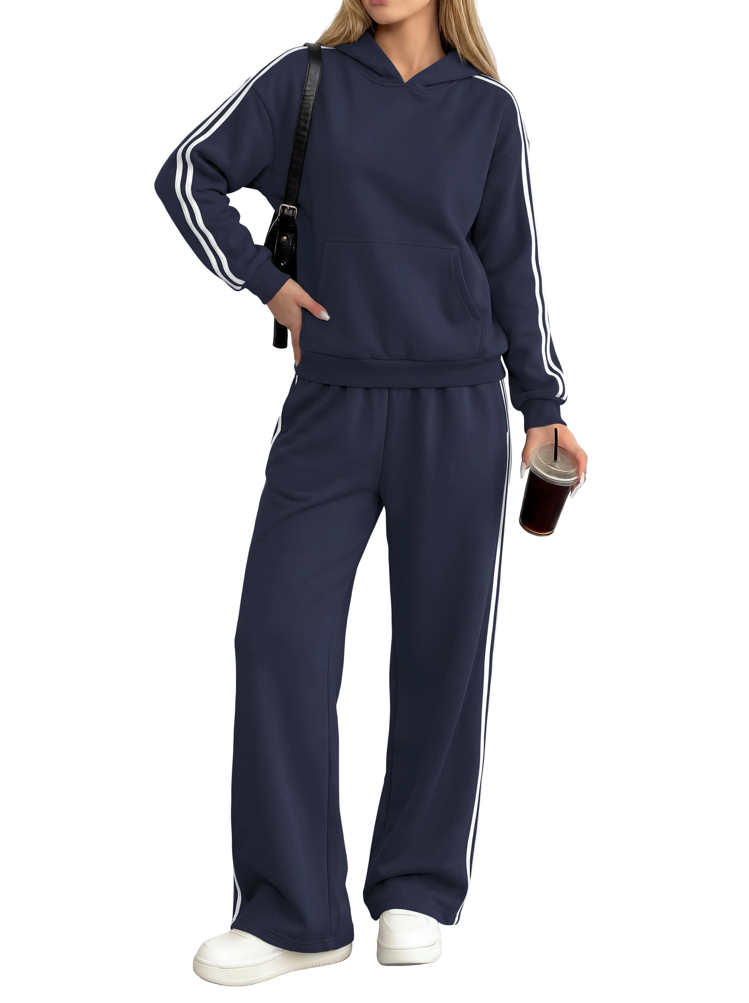 PRETTYGARDEN Women's Sweatsuits Set 2 Piece Striped Hoodie Wide Leg Sweatpants Y2K Retro Casual Tracksuits Travel Fall Outfit sold by PrettyGarden product image thumbnail 4