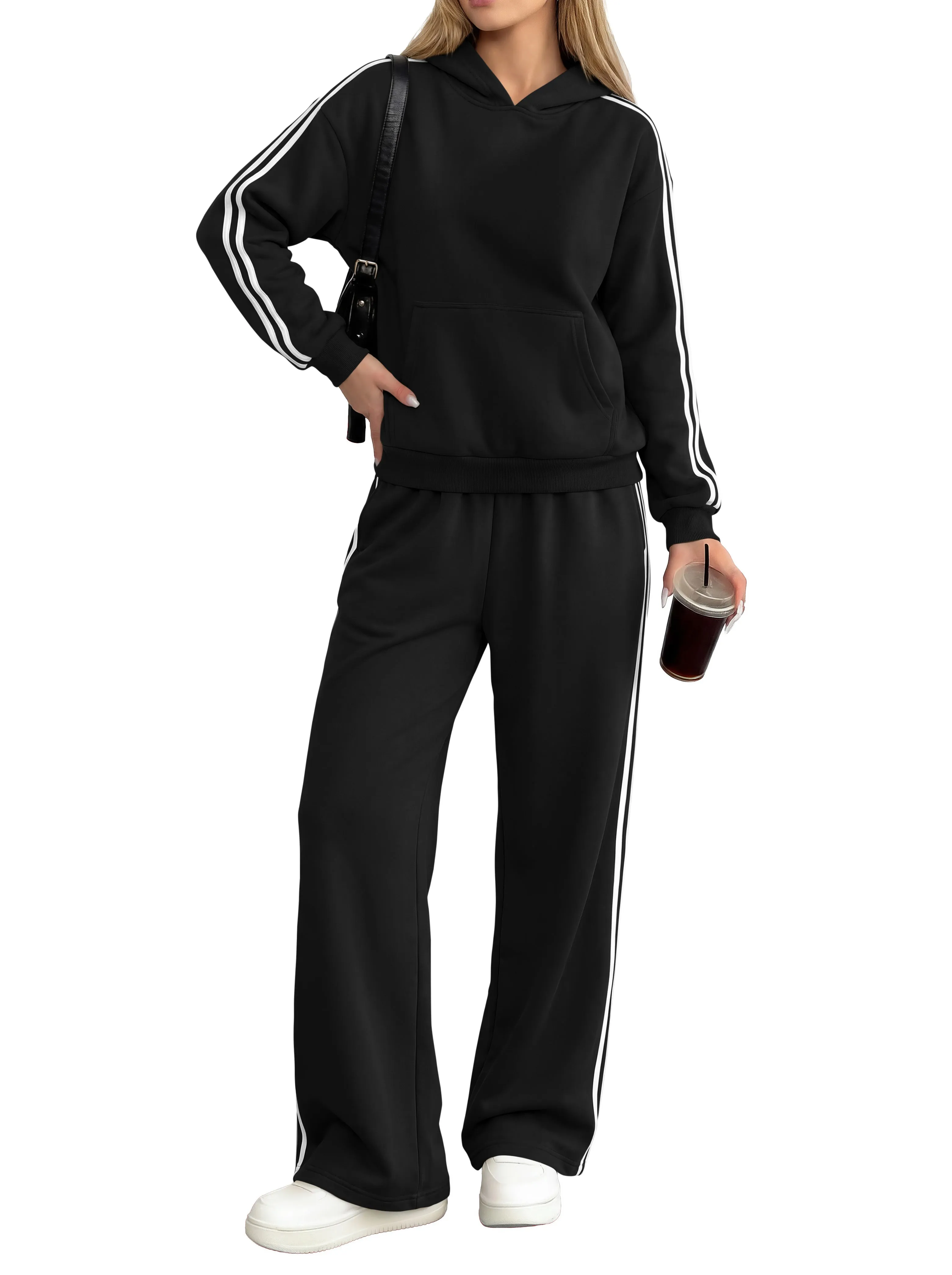 PRETTYGARDEN Women's Sweatsuits Set 2 Piece Striped Hoodie Wide Leg Sweatpants Y2K Retro Casual Tracksuits Travel Fall Outfit sold by PrettyGarden