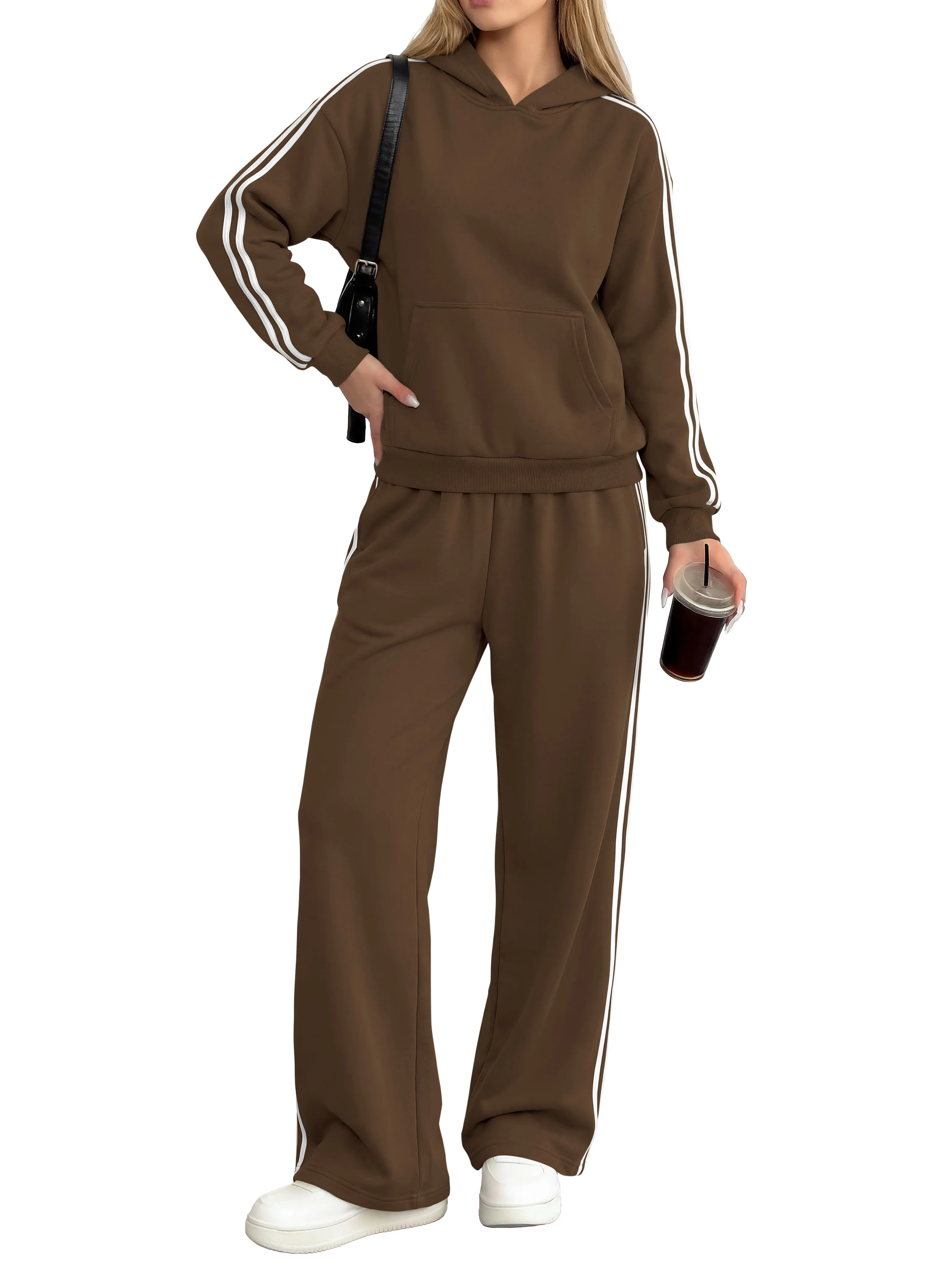 PRETTYGARDEN Women's Sweatsuits Set 2 Piece Striped Hoodie Wide Leg Sweatpants Y2K Retro Casual Tracksuits Travel Fall Outfit sold by PrettyGarden product image thumbnail 2