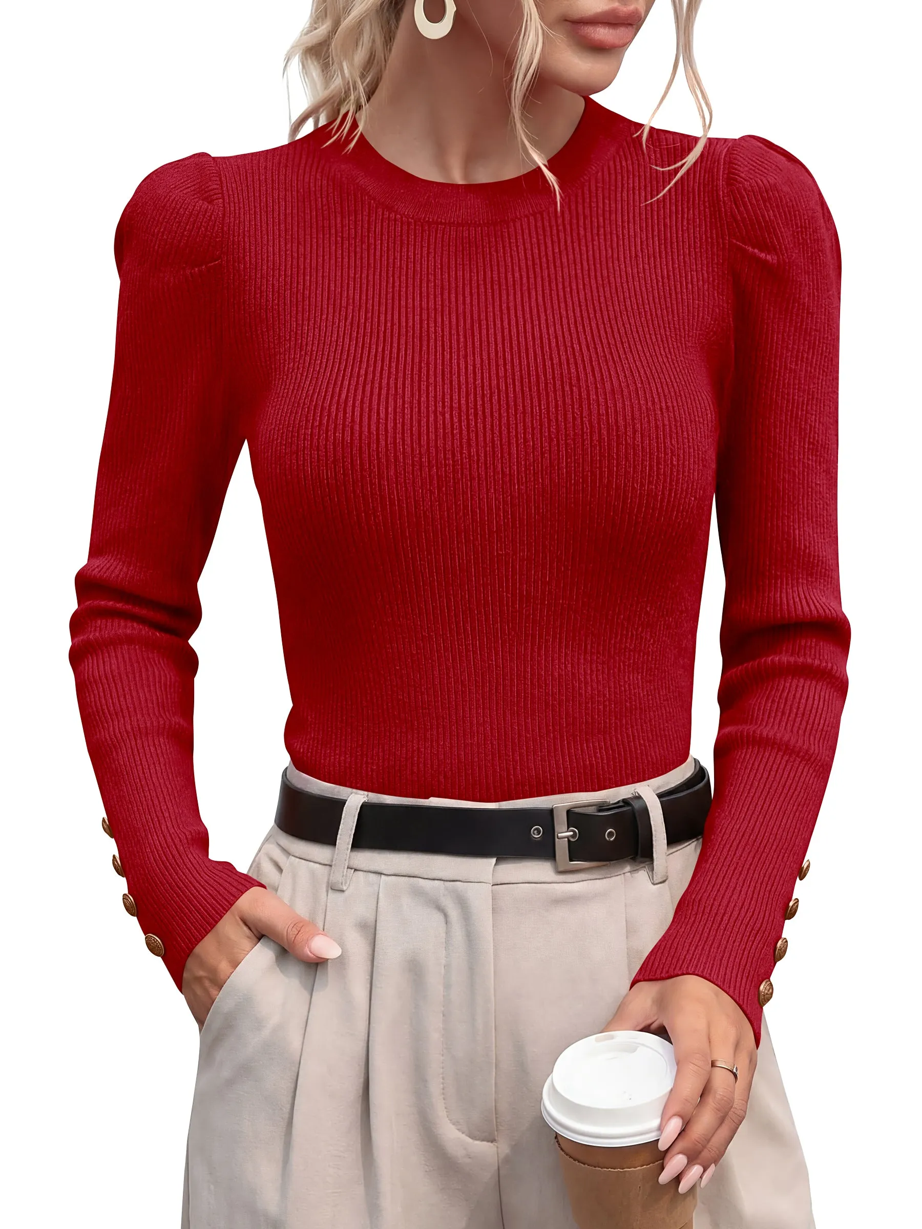 PRETTYGARDEN Womens Fall Sweaters Crewneck Puff Sleeve Button Cuff Ribbed Knit Cozy Pullover Sweater Slim Fit Tops Trendy sold by PrettyGarden product image thumbnail 5