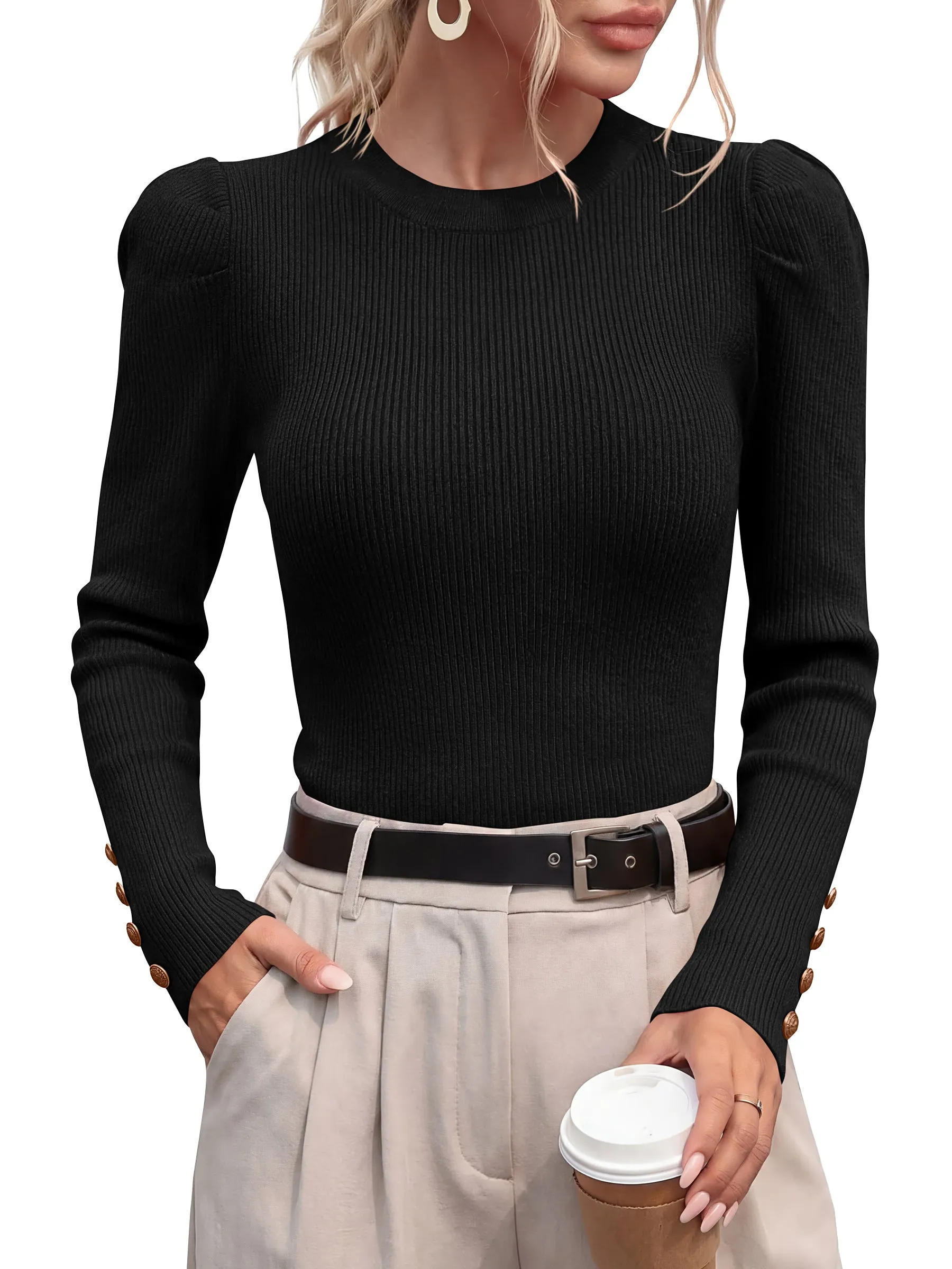 PRETTYGARDEN Womens Fall Sweaters Crewneck Puff Sleeve Button Cuff Ribbed Knit Cozy Pullover Sweater Slim Fit Tops Trendy sold by PrettyGarden product image thumbnail 2
