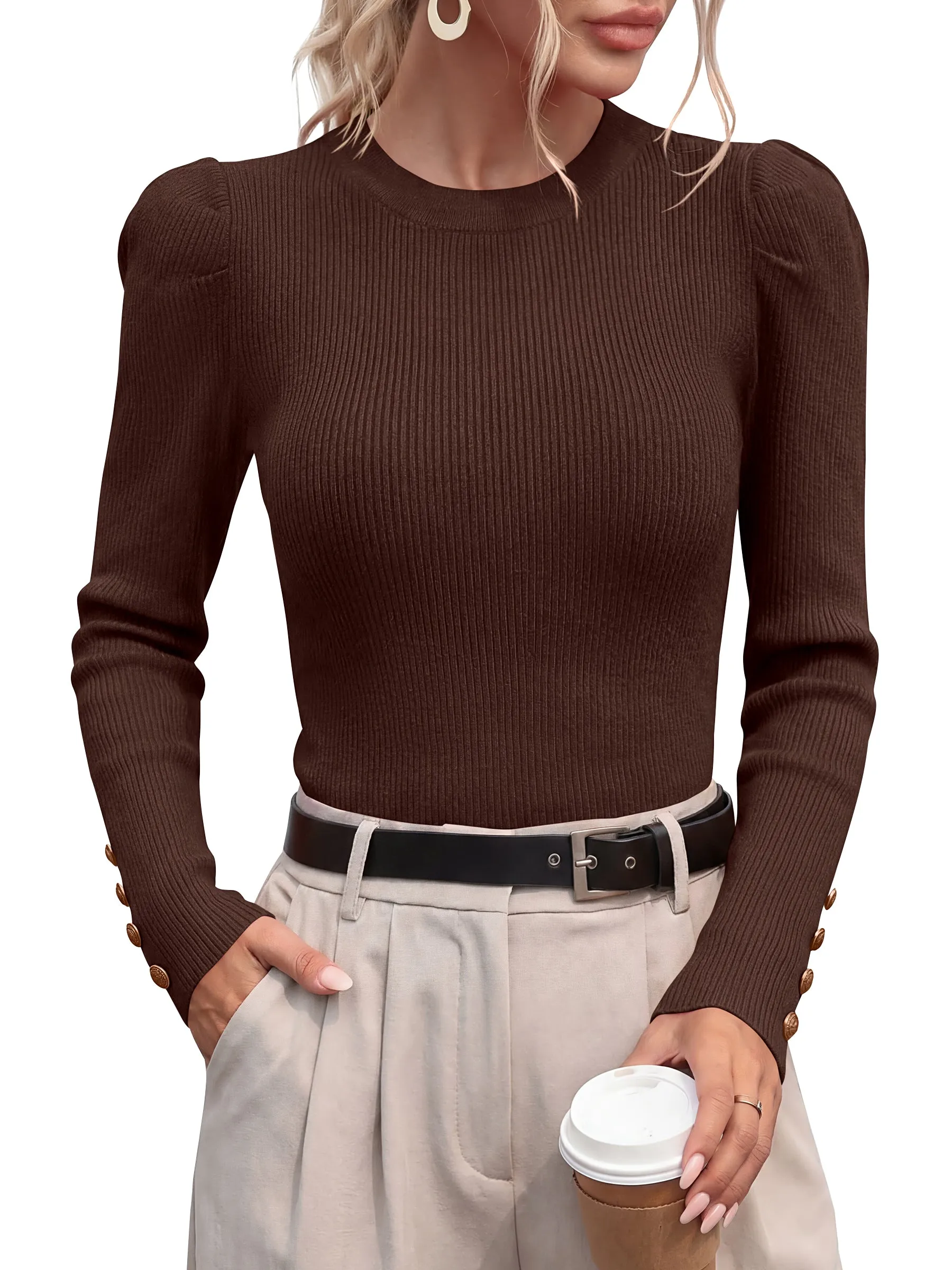 PRETTYGARDEN Womens Fall Sweaters Crewneck Puff Sleeve Button Cuff Ribbed Knit Cozy Pullover Sweater Slim Fit Tops Trendy sold by PrettyGarden product image thumbnail 3