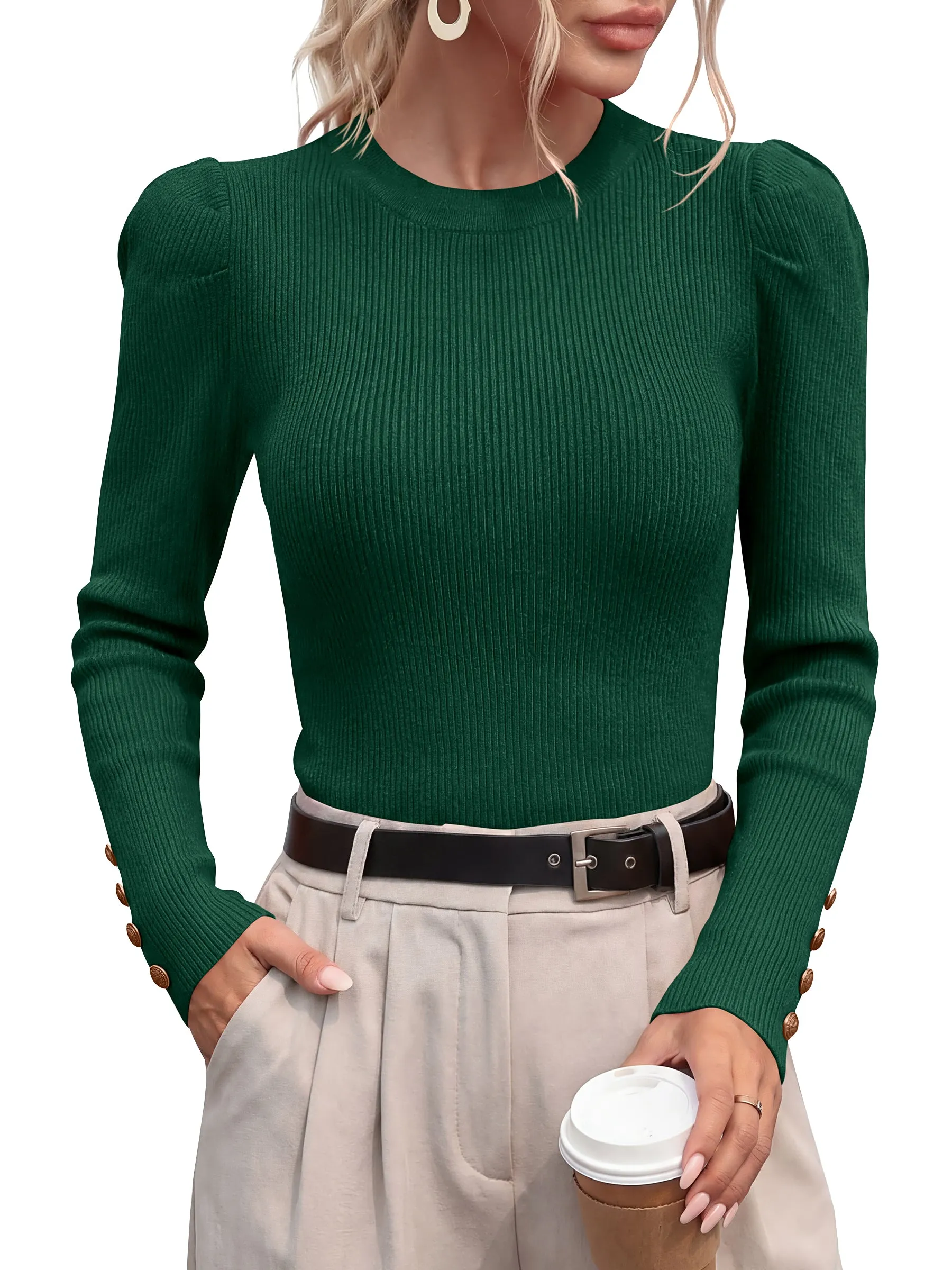 PRETTYGARDEN Womens Fall Sweaters Crewneck Puff Sleeve Button Cuff Ribbed Knit Cozy Pullover Sweater Slim Fit Tops Trendy sold by PrettyGarden product image thumbnail 4