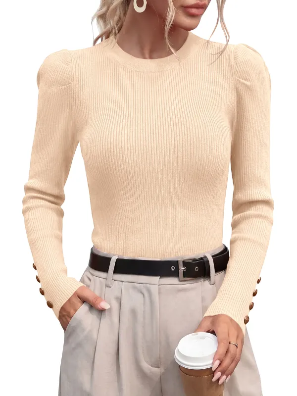 PRETTYGARDEN Womens Fall Sweaters Crewneck Puff Sleeve Button Cuff Ribbed Knit Cozy Pullover Sweater Slim Fit Tops Trendy made by PrettyGarden