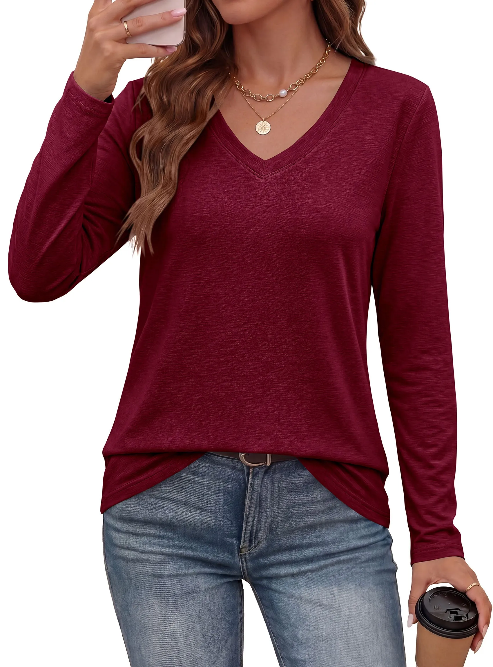 PRETTYGARDEN Womens Long Sleeve Shirts V Neck Basic Tees sold by PrettyGarden product image thumbnail 3