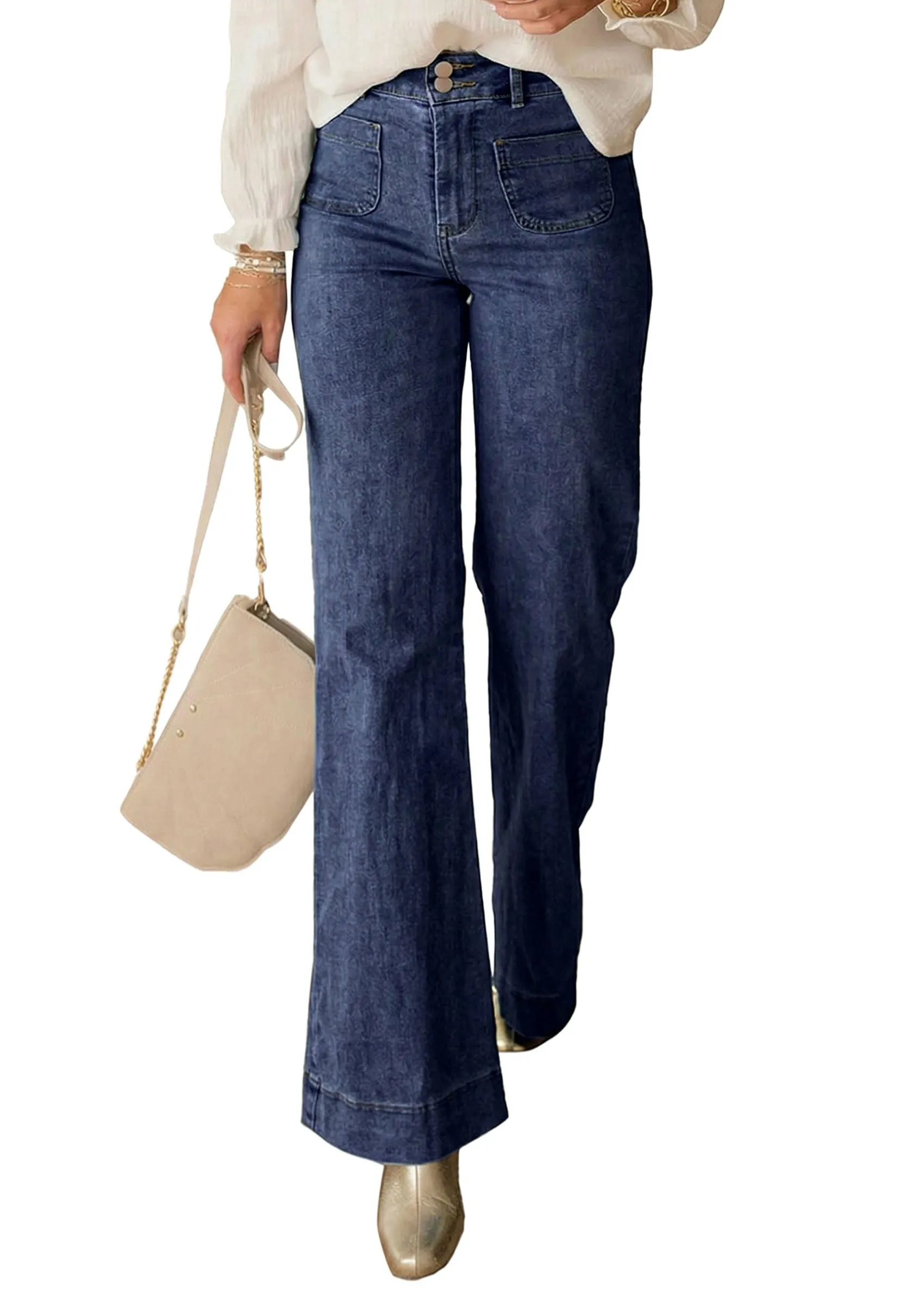 PRETTYGARDEN Womens Wide Leg Jeans High Waisted Stretchy|High Rise Bootcut Jeans with Front Patch Pockets, Loose Fit Daily Wear Denim, Trendy Work Pants, Business Casual Outfits sold by PrettyGarden product image thumbnail 4
