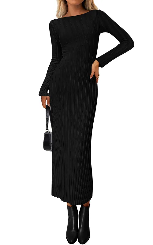 PRETTYGARDEN Womens Sweater Dress Fall Casual Boat Neck Long Sleeve Pullover Ribbed Knit Bodycon Maxi Sweater Dresses made by PrettyGarden