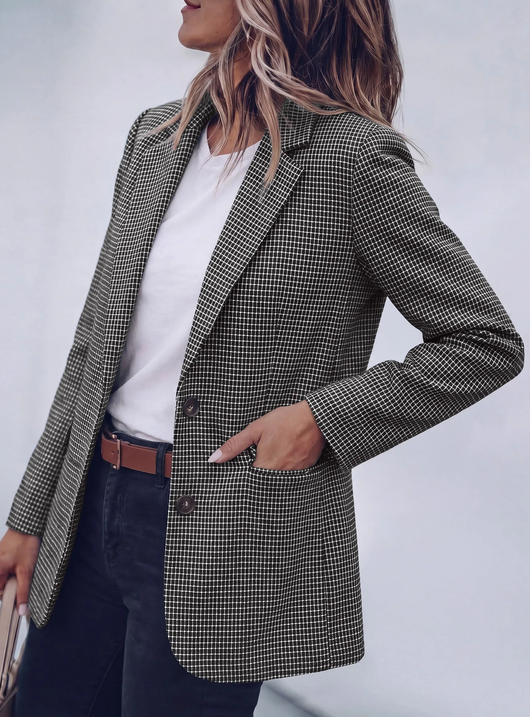 PRETTYGARDEN Fall Blazers for Women Business Casual | Long Sleeve Plaid Houndstooth, Notch Lapel Pockets, Oversized Blazer Outerwear, Trendy Suit Jackets, 2026 Winter Work Outfits sold by PrettyGarden product image thumbnail 4