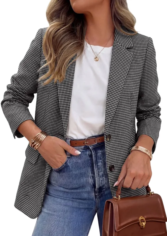 PRETTYGARDEN Fall Blazers for Women Business Casual | Long Sleeve Plaid Houndstooth, Notch Lapel Pockets, Oversized Blazer Outerwear, Trendy Suit Jackets, 2026 Winter Work Outfits made by PrettyGarden