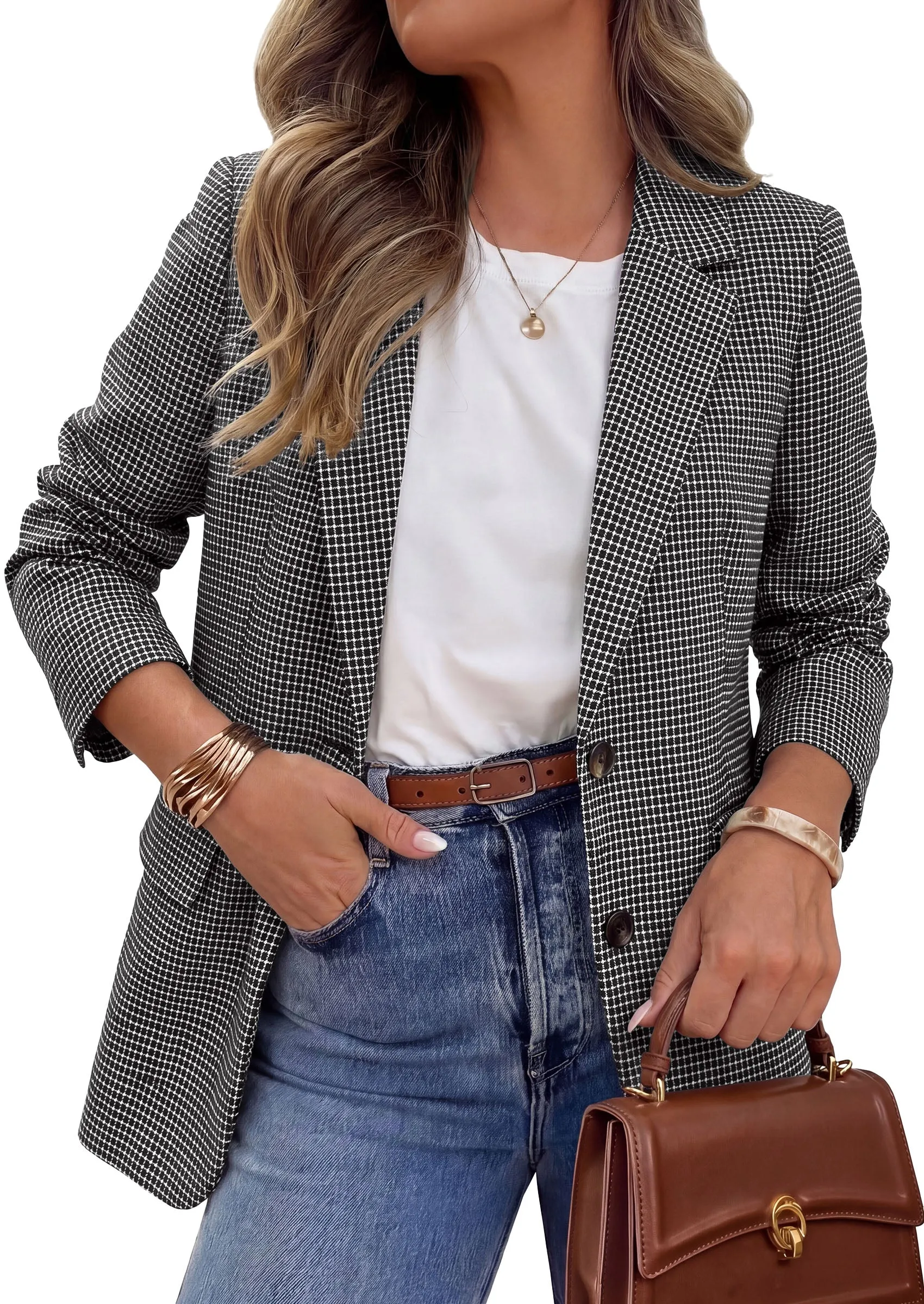 PRETTYGARDEN Fall Blazers for Women Business Casual | Long Sleeve Plaid Houndstooth, Notch Lapel Pockets, Oversized Blazer Outerwear, Trendy Suit Jackets, 2026 Winter Work Outfits sold by PrettyGarden