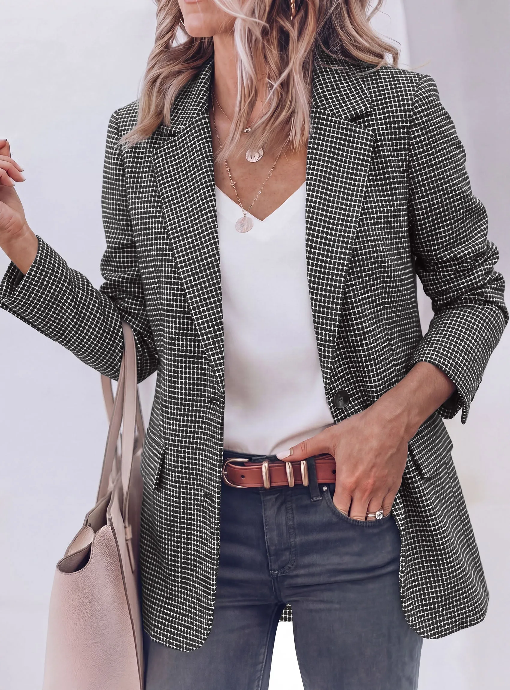 PRETTYGARDEN Fall Blazers for Women Business Casual | Long Sleeve Plaid Houndstooth, Notch Lapel Pockets, Oversized Blazer Outerwear, Trendy Suit Jackets, 2026 Winter Work Outfits sold by PrettyGarden product image thumbnail 2