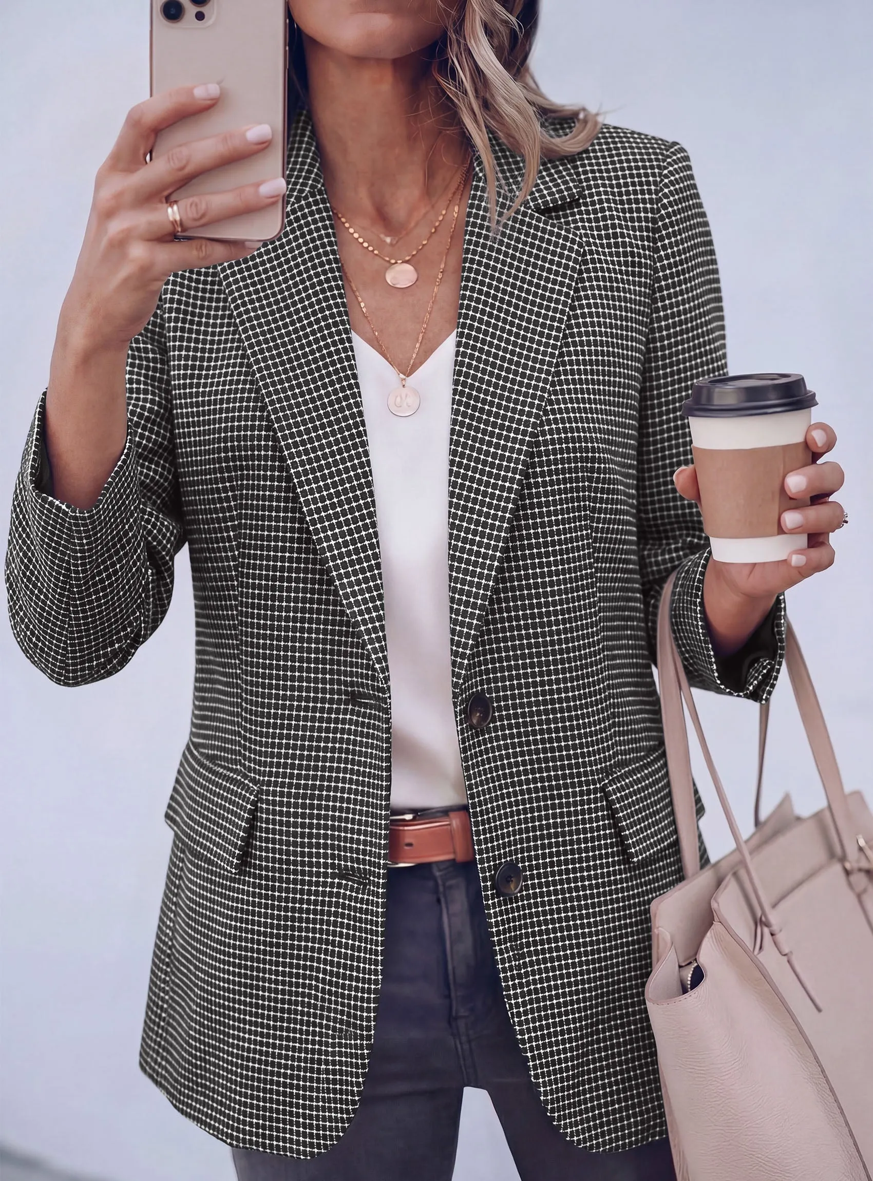 PRETTYGARDEN Fall Blazers for Women Business Casual | Long Sleeve Plaid Houndstooth, Notch Lapel Pockets, Oversized Blazer Outerwear, Trendy Suit Jackets, 2026 Winter Work Outfits sold by PrettyGarden product image thumbnail 3