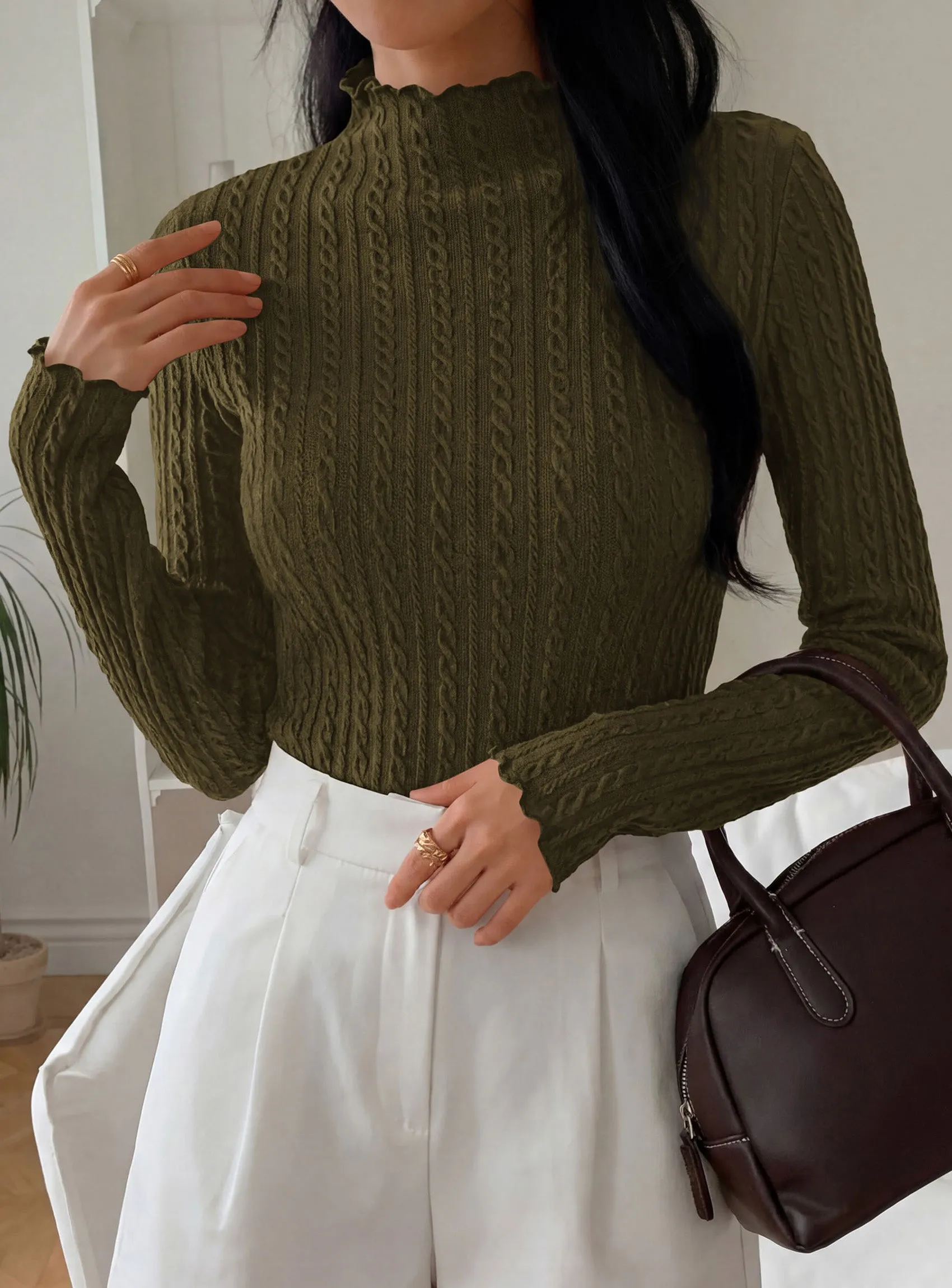 PRETTYGARDEN Women's Fall Long Sleeve Fitted Shirts | Comfy Stretchy Cable Knit, Trendy Lettuce Trim Mock Neck, Casual Basic Tees, Cute Layering Tops, 2026 Fashion Clothing sold by PrettyGarden product image thumbnail 2