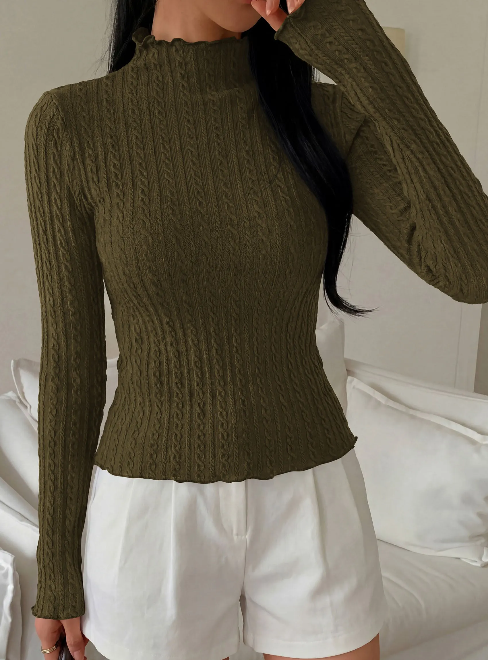 PRETTYGARDEN Women's Fall Long Sleeve Fitted Shirts | Comfy Stretchy Cable Knit, Trendy Lettuce Trim Mock Neck, Casual Basic Tees, Cute Layering Tops, 2026 Fashion Clothing sold by PrettyGarden product image thumbnail 4