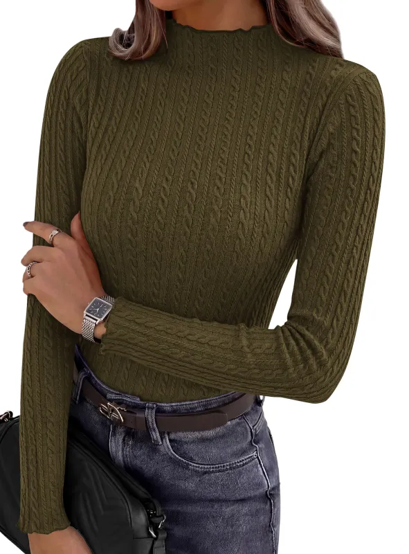 PRETTYGARDEN Women's Fall Long Sleeve Fitted Shirts | Comfy Stretchy Cable Knit, Trendy Lettuce Trim Mock Neck, Casual Basic Tees, Cute Layering Tops, 2026 Fashion Clothing made by PrettyGarden