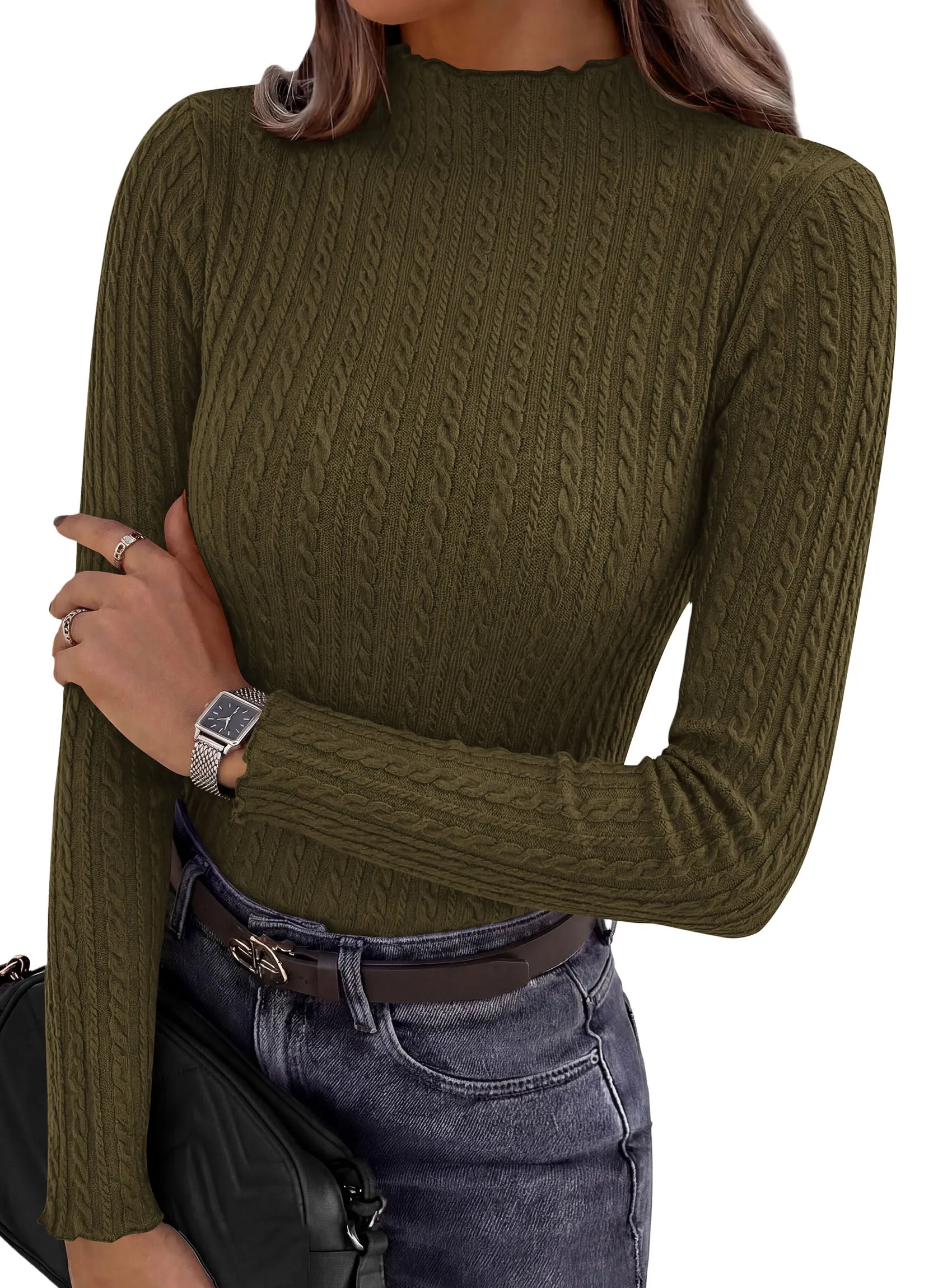 PRETTYGARDEN Women's Fall Long Sleeve Fitted Shirts | Comfy Stretchy Cable Knit, Trendy Lettuce Trim Mock Neck, Casual Basic Tees, Cute Layering Tops, 2026 Fashion Clothing sold by PrettyGarden