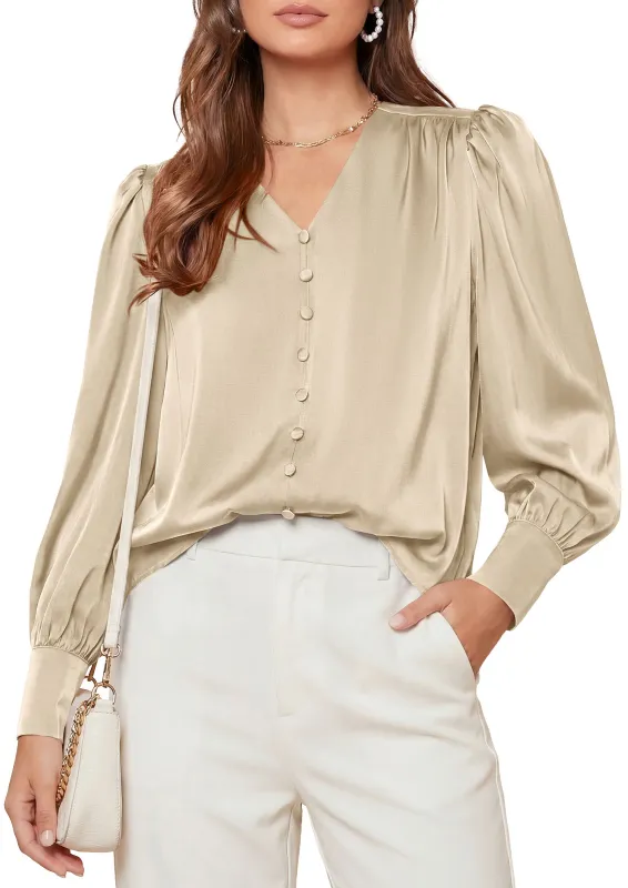 PRETTYGARDEN Satin Long Sleeve Womens Blouses Dressy Casual Glossy Smooth Silk Fabric,Lantern Sleeve Fall Tops,Decorative Button Pullover,V Neck Shirts,Office Work Business Outfits made by PrettyGarden