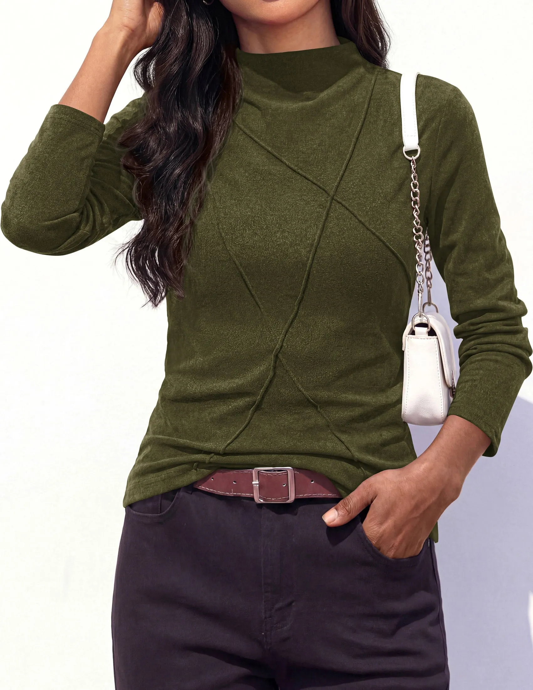 PRETTYGARDEN Women's Fall Mock Neck Long Sleeve Shirts Soft Stretchy Knit,Geometric Seam Stitching,Slim Fitted Basic Tees,Thermal Casual Wear,Daily Work Layering Winter Tunic Top sold by PrettyGarden product image thumbnail 3