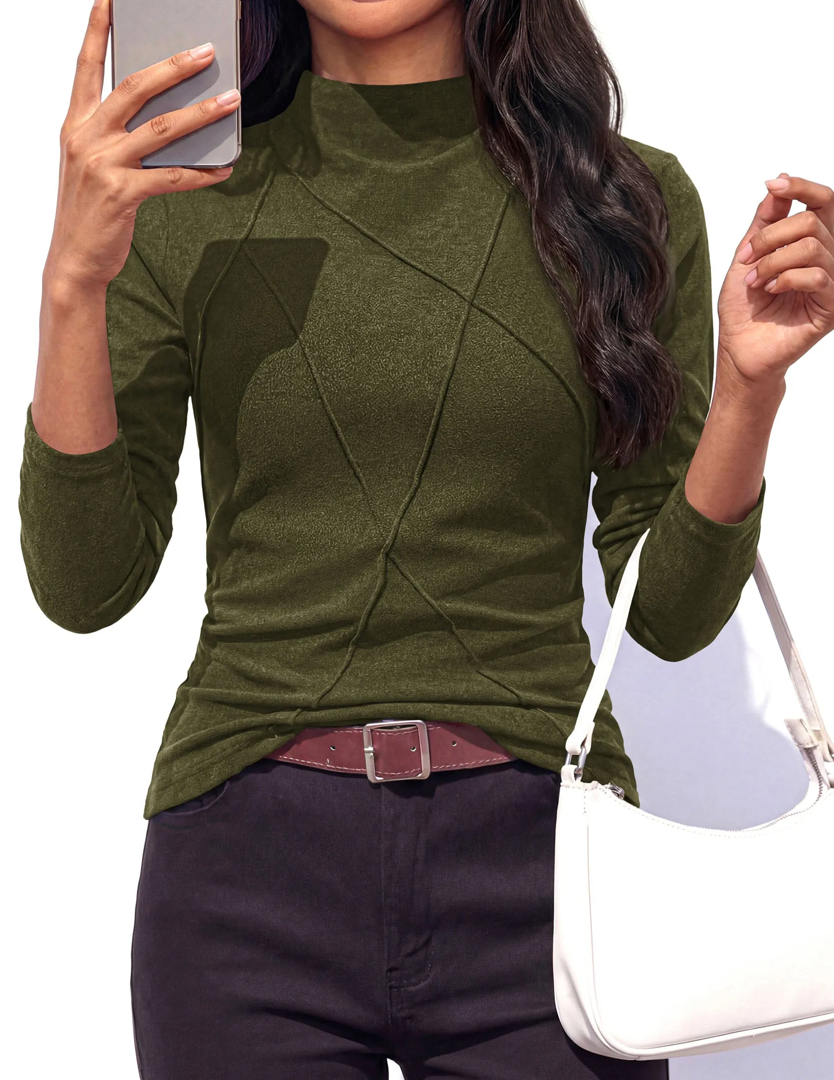 PRETTYGARDEN Women's Fall Mock Neck Long Sleeve Shirts Soft Stretchy Knit,Geometric Seam Stitching,Slim Fitted Basic Tees,Thermal Casual Wear,Daily Work Layering Winter Tunic Top sold by PrettyGarden product image thumbnail 4