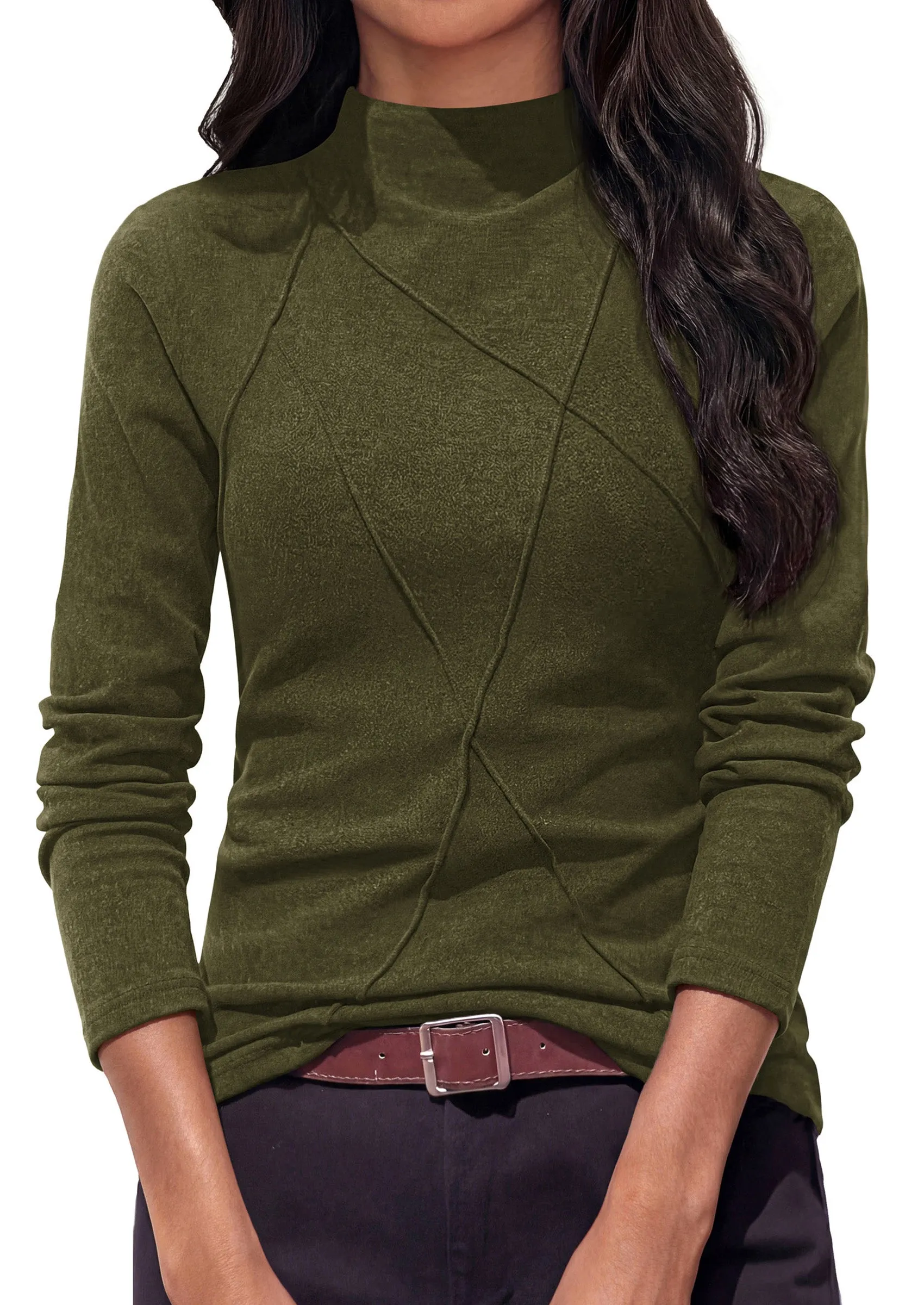 PRETTYGARDEN Women's Fall Mock Neck Long Sleeve Shirts Soft Stretchy Knit,Geometric Seam Stitching,Slim Fitted Basic Tees,Thermal Casual Wear,Daily Work Layering Winter Tunic Top sold by PrettyGarden
