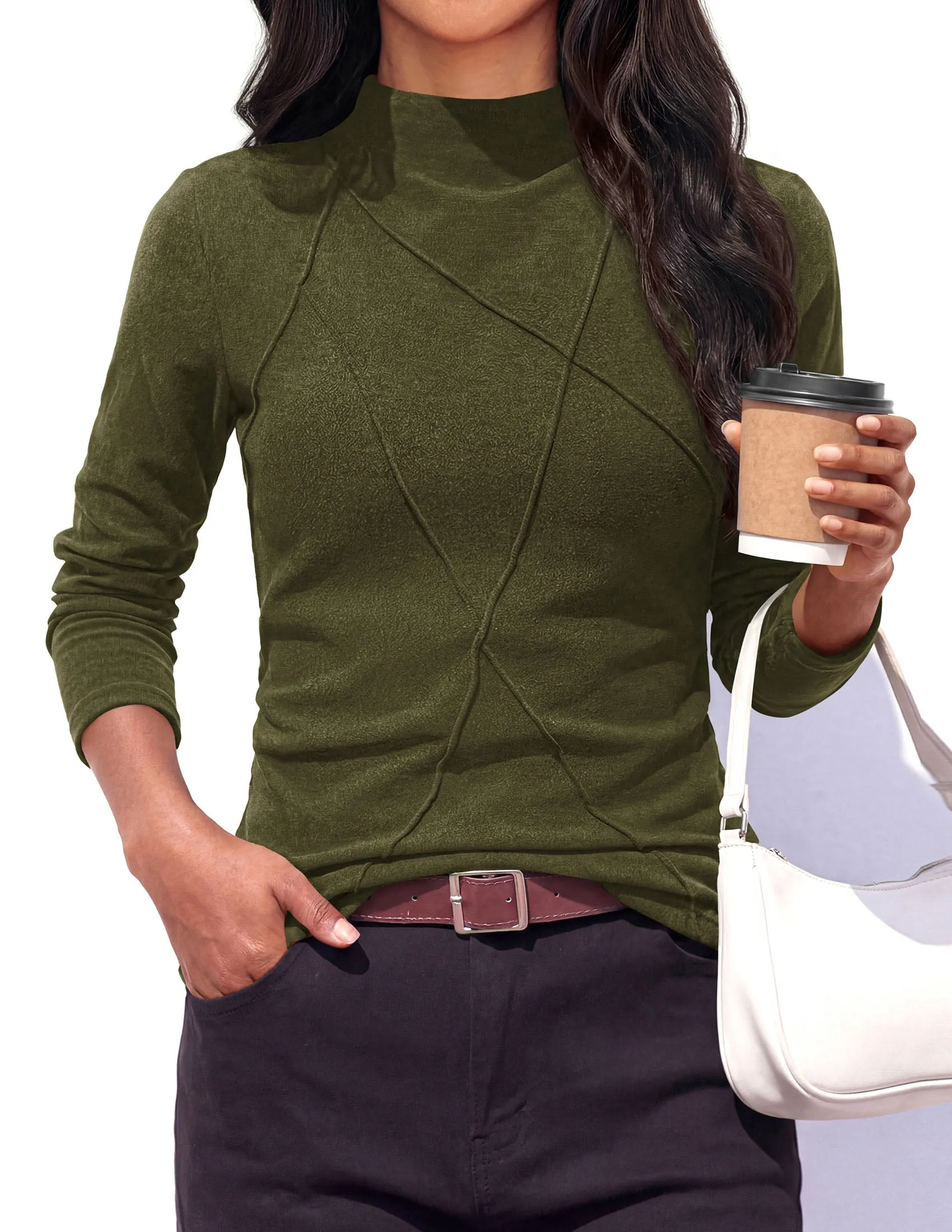 PRETTYGARDEN Women's Fall Mock Neck Long Sleeve Shirts Soft Stretchy Knit,Geometric Seam Stitching,Slim Fitted Basic Tees,Thermal Casual Wear,Daily Work Layering Winter Tunic Top sold by PrettyGarden product image thumbnail 5
