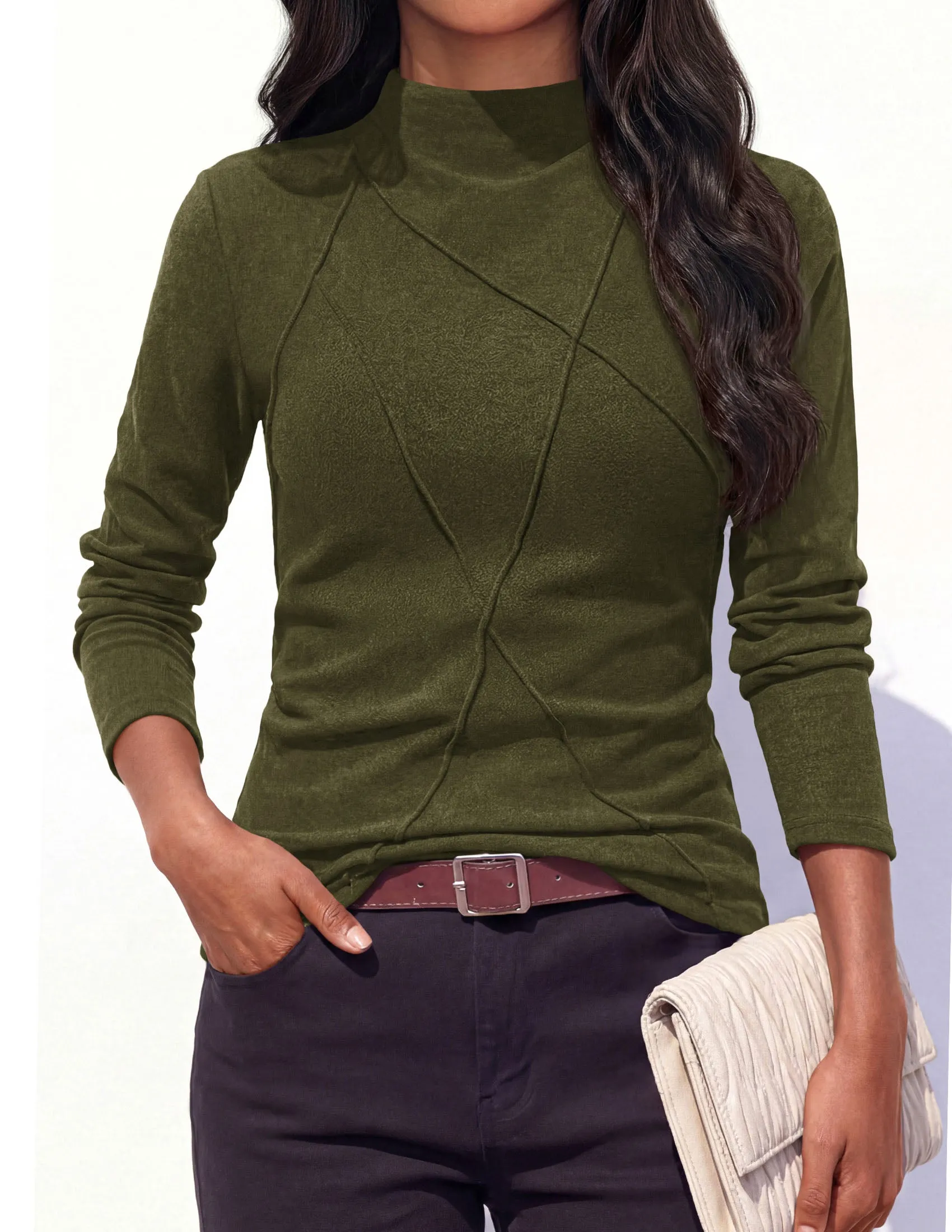 PRETTYGARDEN Women's Fall Mock Neck Long Sleeve Shirts Soft Stretchy Knit,Geometric Seam Stitching,Slim Fitted Basic Tees,Thermal Casual Wear,Daily Work Layering Winter Tunic Top sold by PrettyGarden product image thumbnail 2