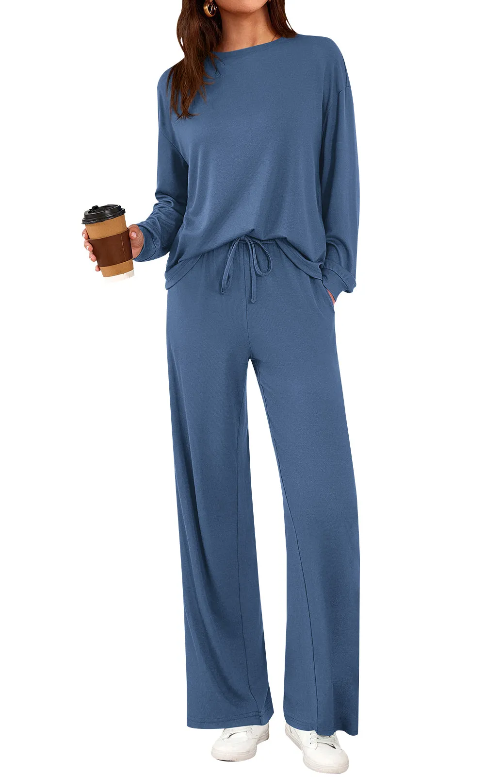 PRETTYGARDEN Womens 2 Pieces Lounge Sets Crewneck Long Sleeve Wide Leg Drawstring Pants Tracksuits Loose Fit Outfits Set sold by PrettyGarden product image thumbnail 4
