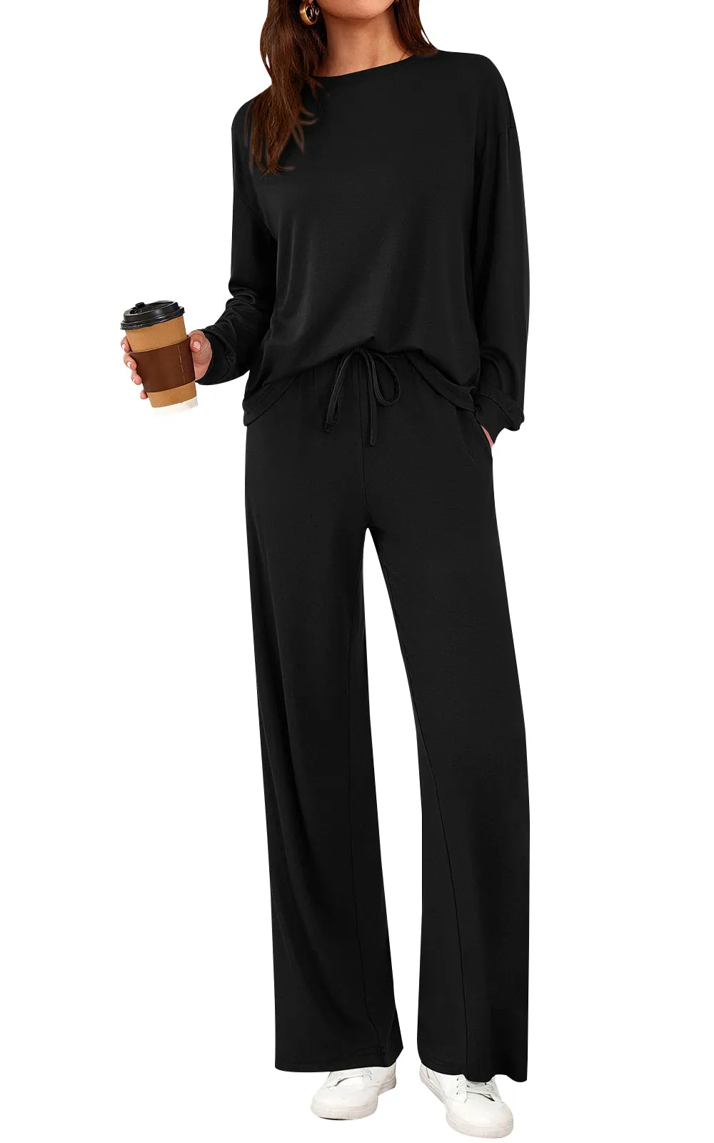 PRETTYGARDEN Womens 2 Pieces Lounge Sets Crewneck Long Sleeve Wide Leg Drawstring Pants Tracksuits Loose Fit Outfits Set sold by PrettyGarden