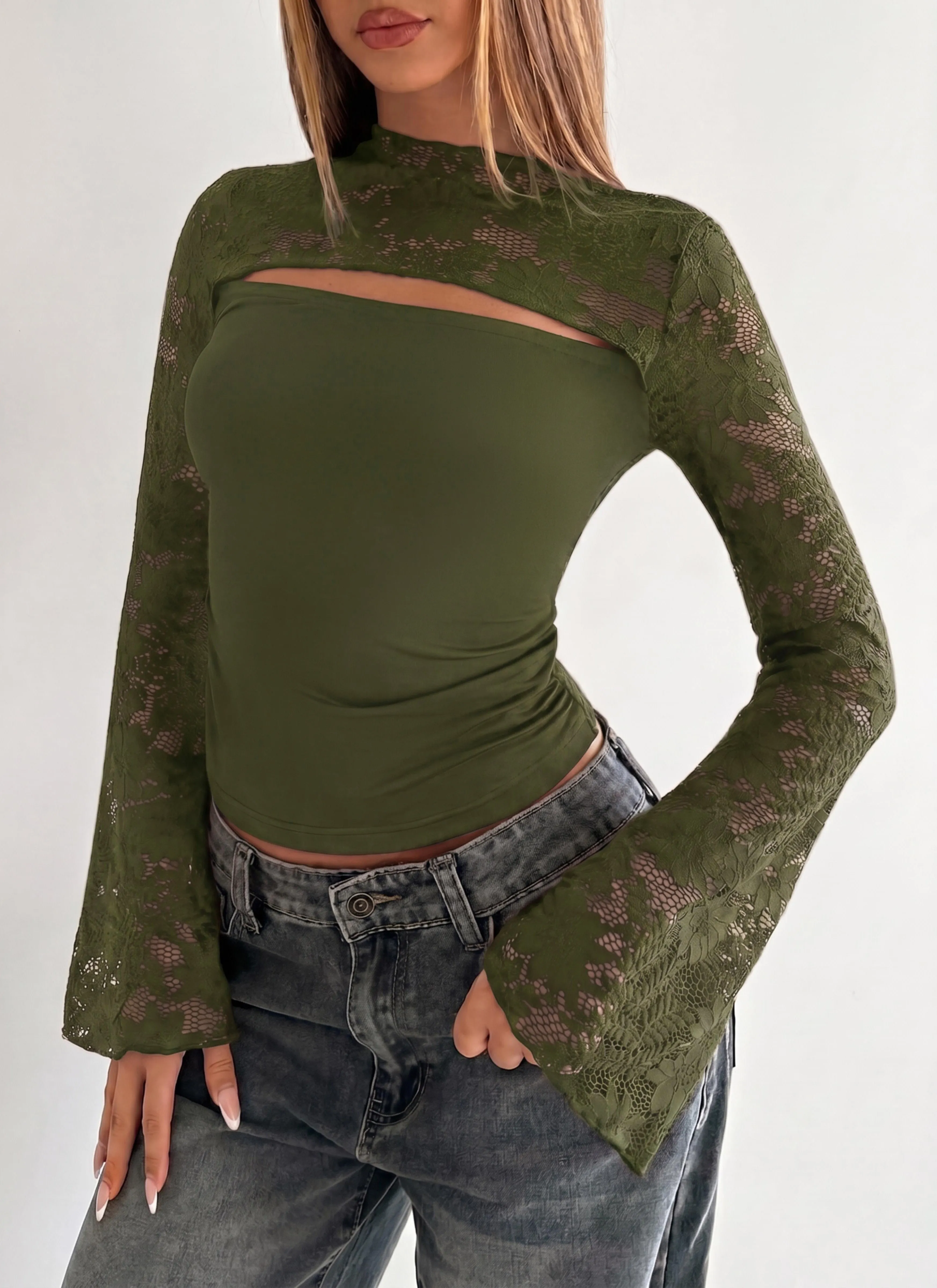 PRETTYGARDEN Womens Tops Fall Sexy Bell Long Sleeve Shirts Cut Out Fitted Y2k Lace Tshirt Ruched Going Out Crop Top 2026 sold by PrettyGarden product image thumbnail 2