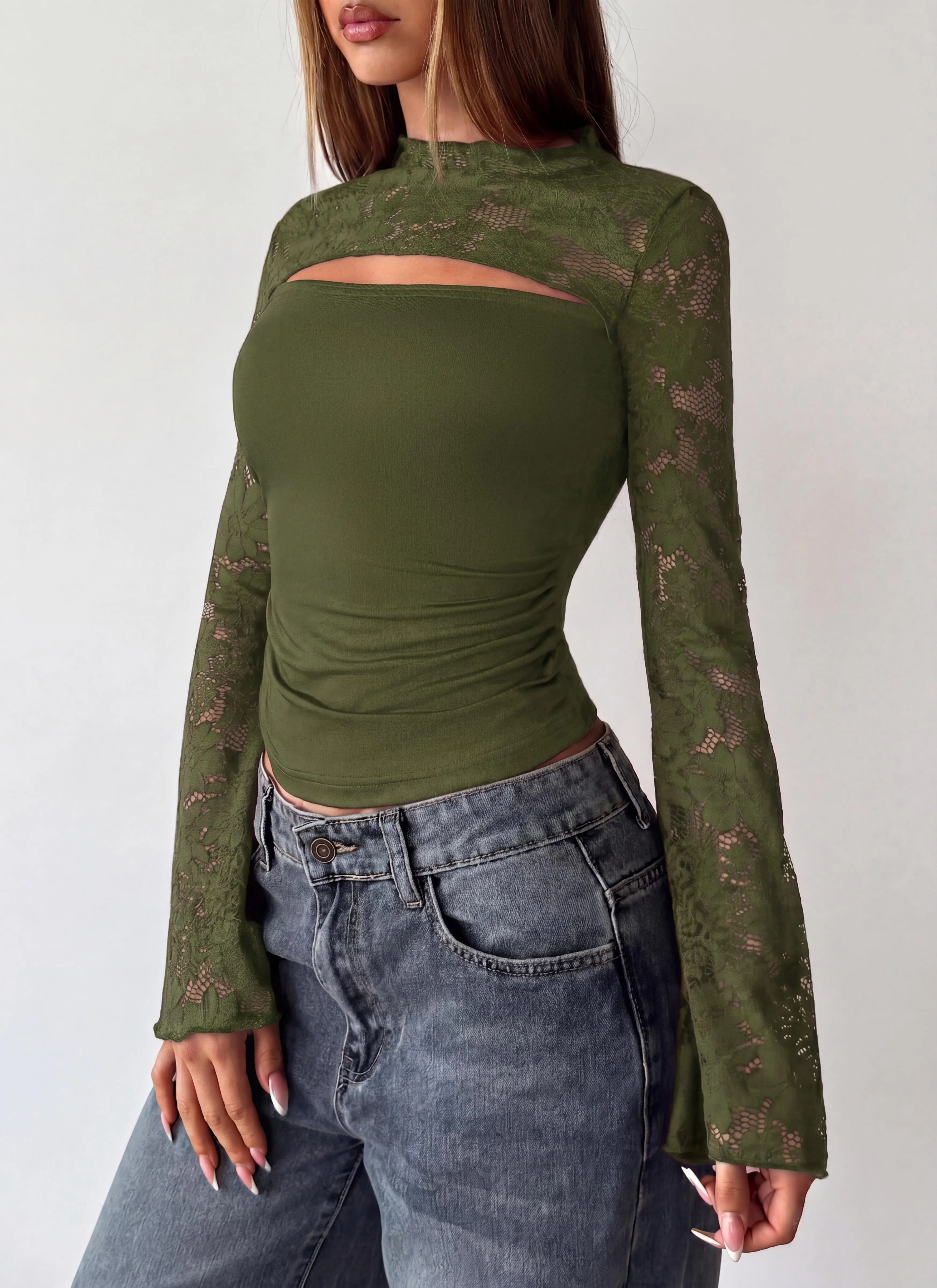 PRETTYGARDEN Womens Tops Fall Sexy Bell Long Sleeve Shirts Cut Out Fitted Y2k Lace Tshirt Ruched Going Out Crop Top 2026 sold by PrettyGarden product image thumbnail 3