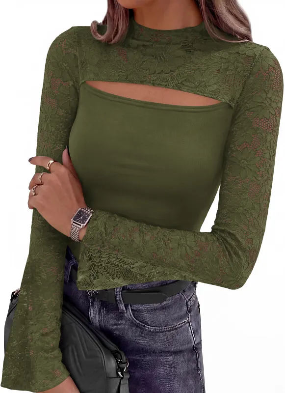 PRETTYGARDEN Womens Tops Fall Sexy Bell Long Sleeve Shirts Cut Out Fitted Y2k Lace Tshirt Ruched Going Out Crop Top 2026 made by PrettyGarden