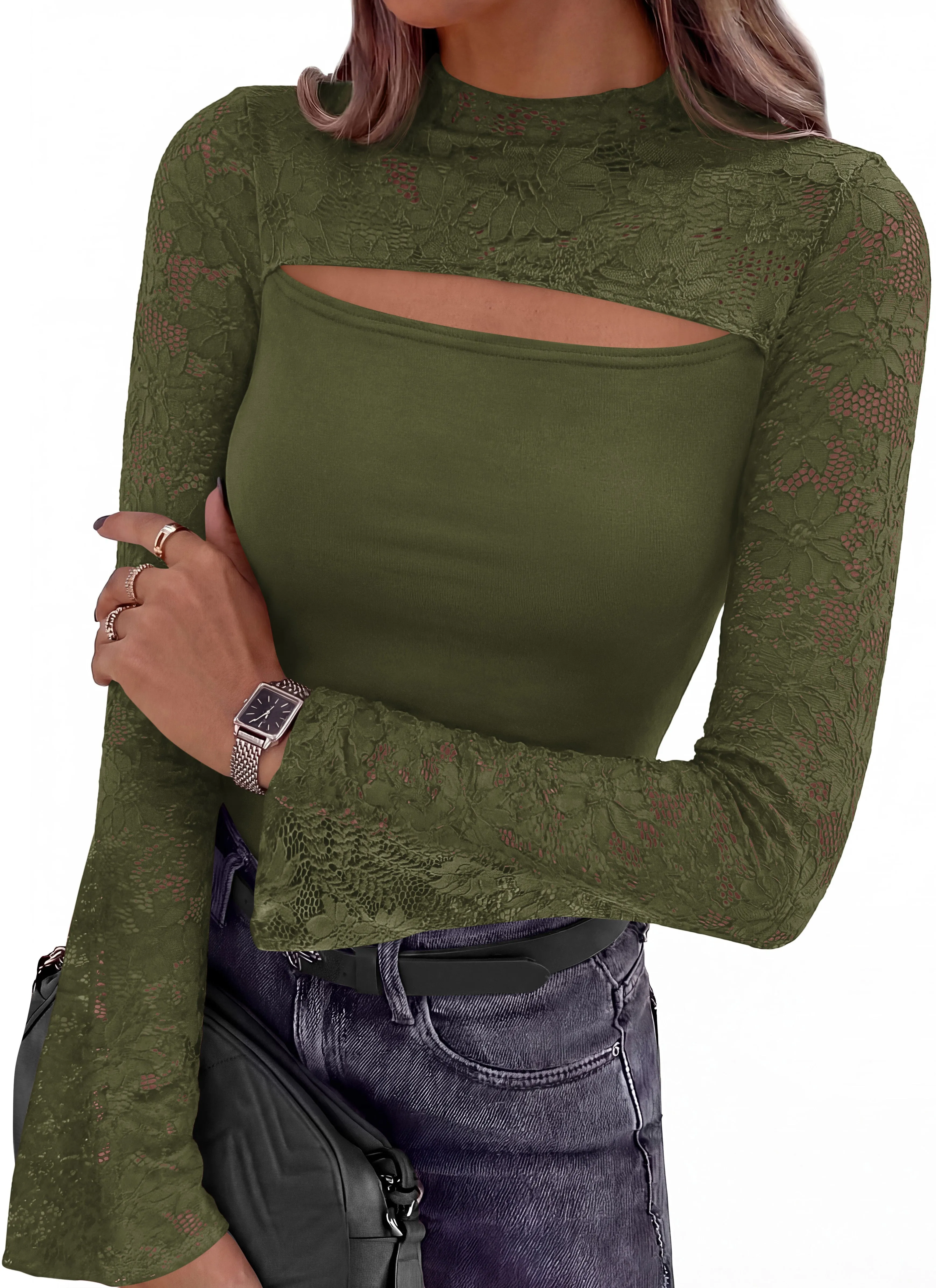 PRETTYGARDEN Womens Tops Fall Sexy Bell Long Sleeve Shirts Cut Out Fitted Y2k Lace Tshirt Ruched Going Out Crop Top 2026 sold by PrettyGarden