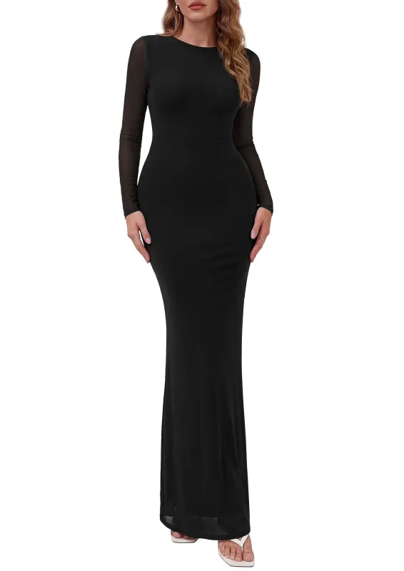 PRETTYGARDEN Women's Mesh Long Sleeve Bodycon Maxi Dress | Fall Wedding Guest Dresses, Boat Neck, Slim Fitted, Elegant Evening Wear, Formal Cocktail Holiday Party, Date Night Outfits made by PrettyGarden