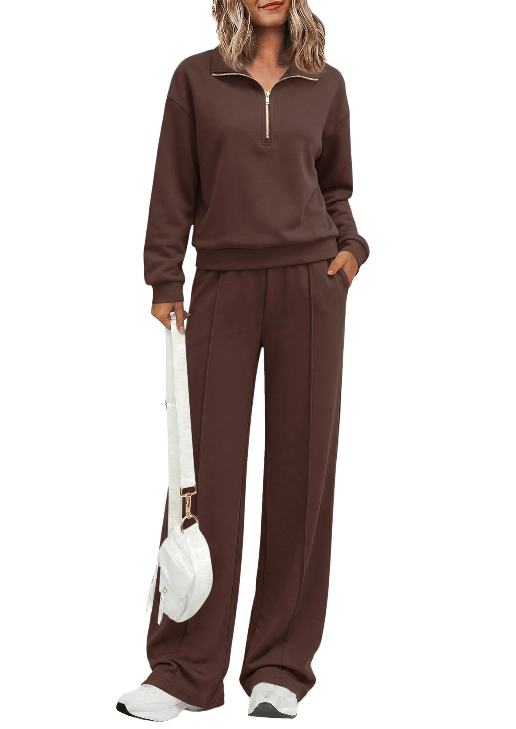 PRETTYGARDEN Women's Lounge Sets 2 Piece Outfits Sweatsuits | Half Zip Pullover Sweatshirts, Wide Leg Pants Pockets, Matching Workout Tracksuits, Airport Travel Resort Wear, Fall Clothes sold by PrettyGarden product image thumbnail 3