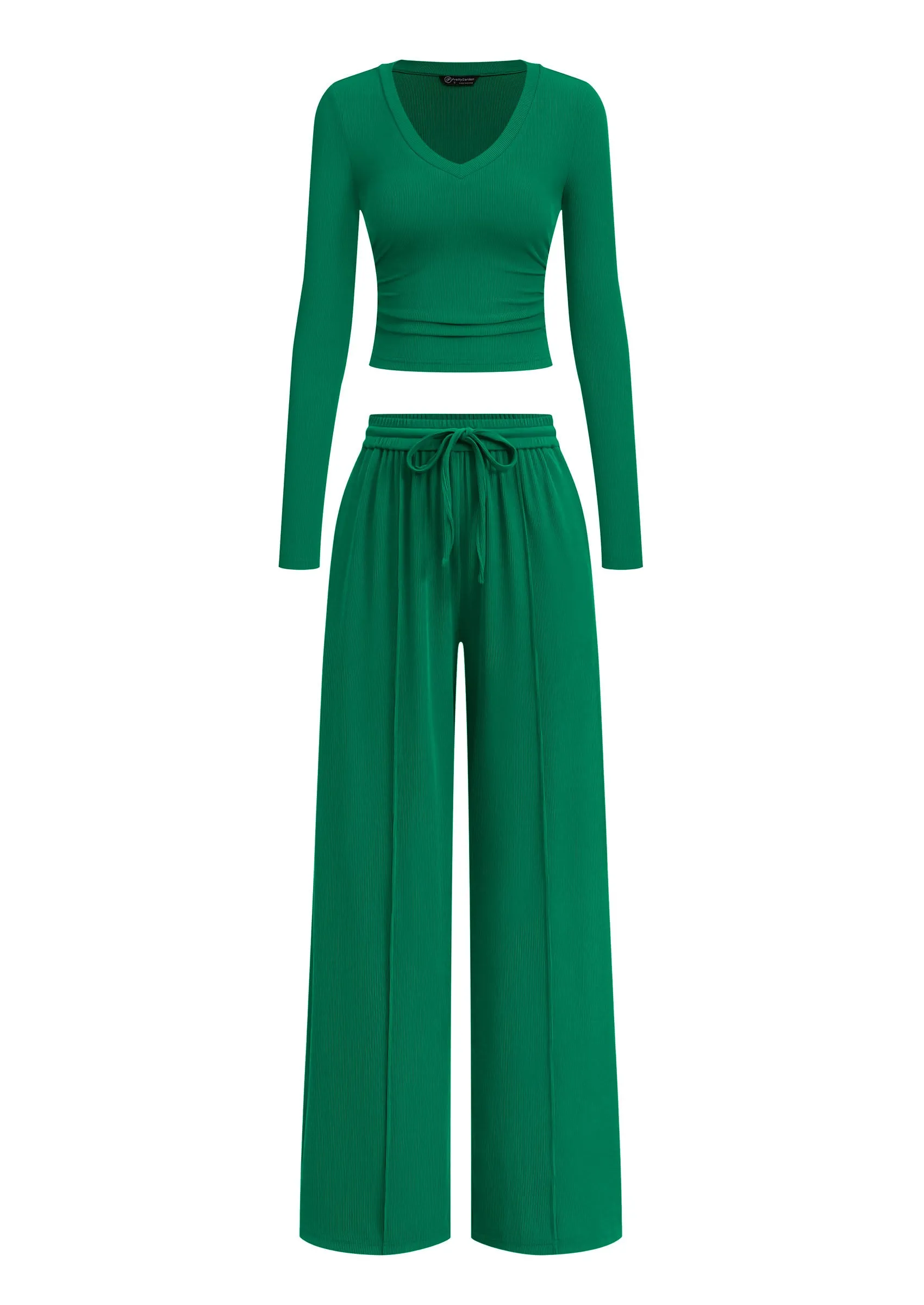 PRETTYGARDEN Women's 2 Piece Lounge Sets Matching Clothing | V Neck Long Sleeve Tops, Wide Leg Pants Pockets, Airport Travel Outfits, Soft Ribbed Knit, Drawstring Waist, Fall Resort Wear sold by PrettyGarden product image thumbnail 5