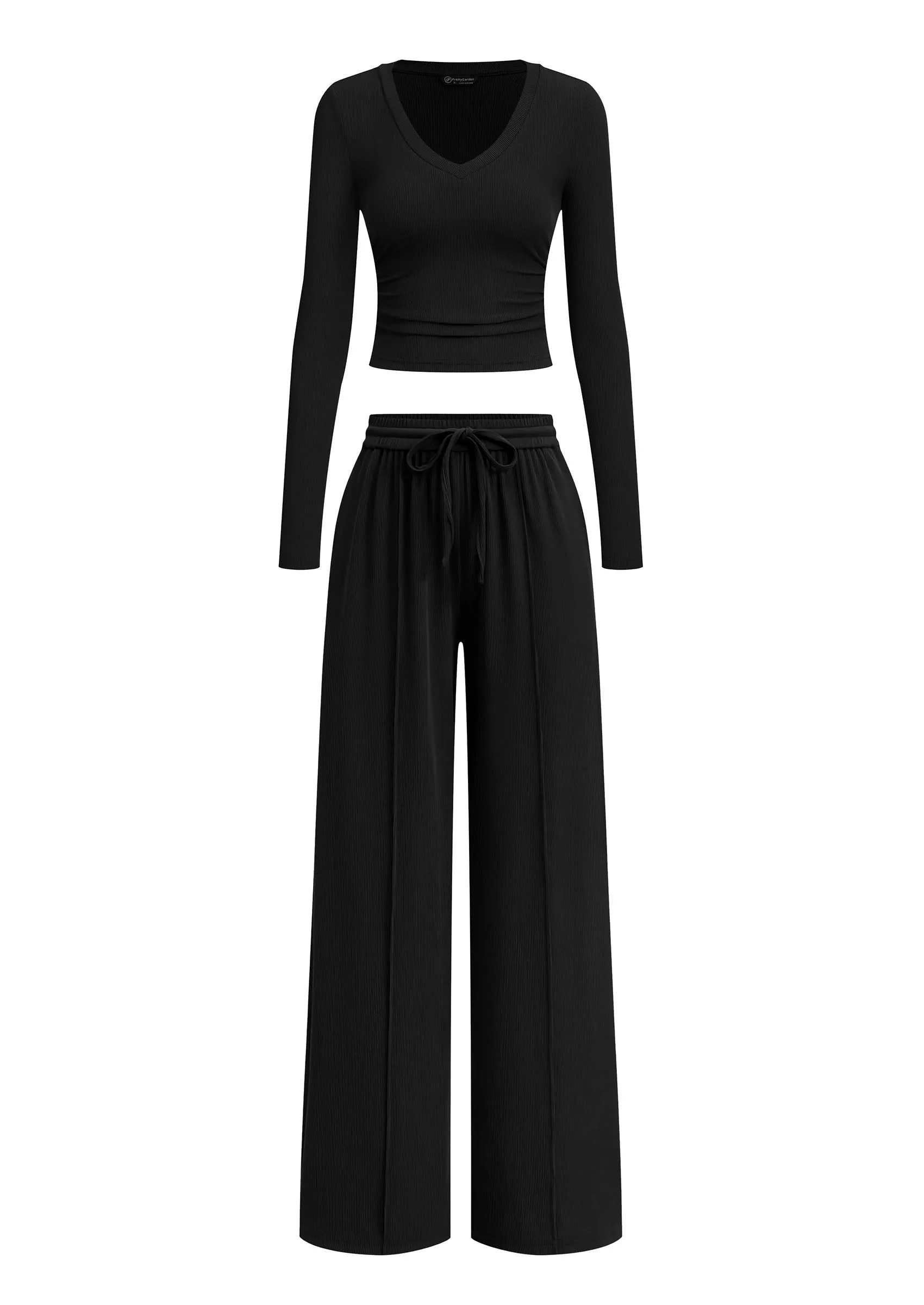 PRETTYGARDEN Women's 2 Piece Lounge Sets Matching Clothing | V Neck Long Sleeve Tops, Wide Leg Pants Pockets, Airport Travel Outfits, Soft Ribbed Knit, Drawstring Waist, Fall Resort Wear sold by PrettyGarden product image thumbnail 2