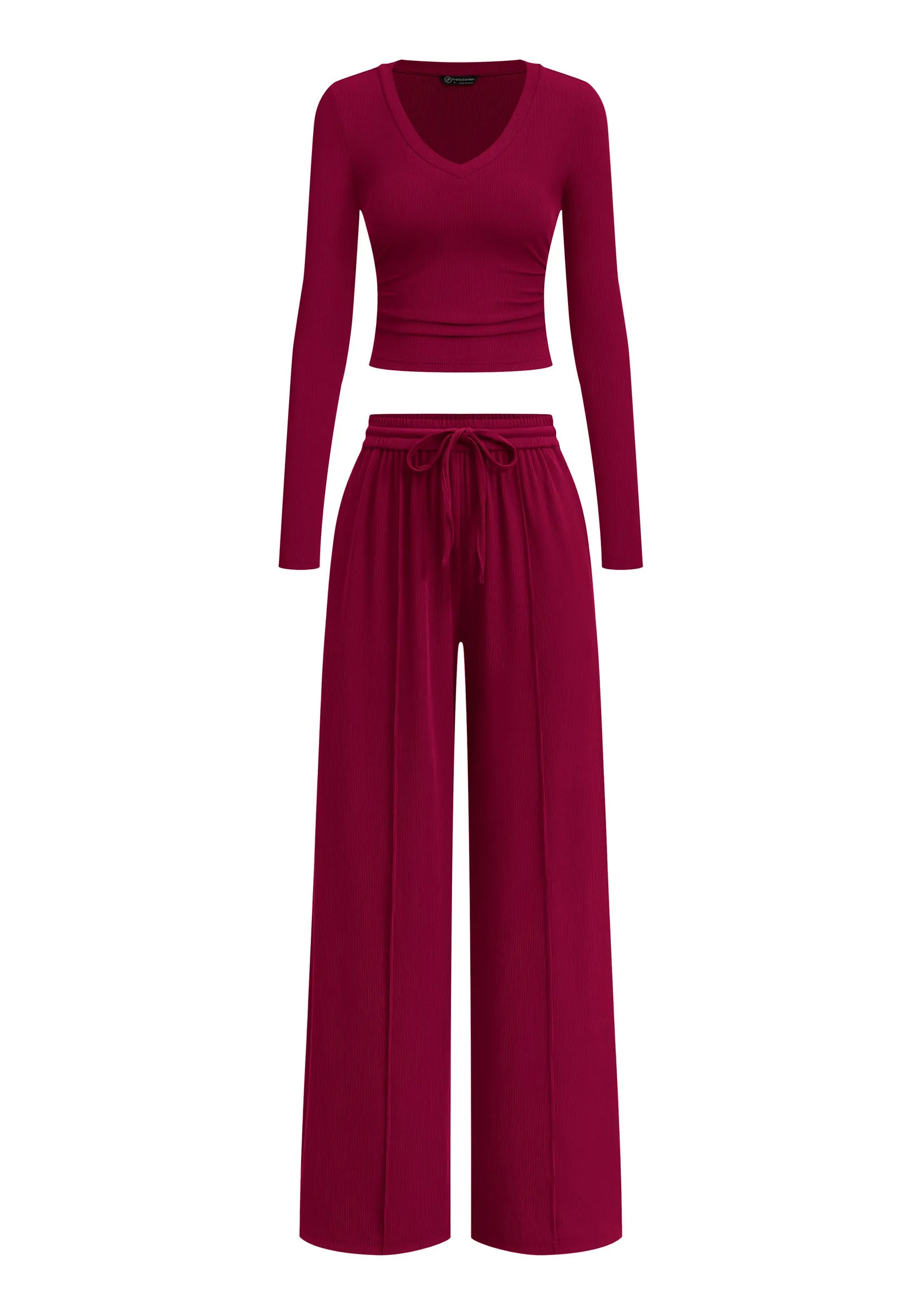 PRETTYGARDEN Women's 2 Piece Lounge Sets Matching Clothing | V Neck Long Sleeve Tops, Wide Leg Pants Pockets, Airport Travel Outfits, Soft Ribbed Knit, Drawstring Waist, Fall Resort Wear sold by PrettyGarden product image thumbnail 3