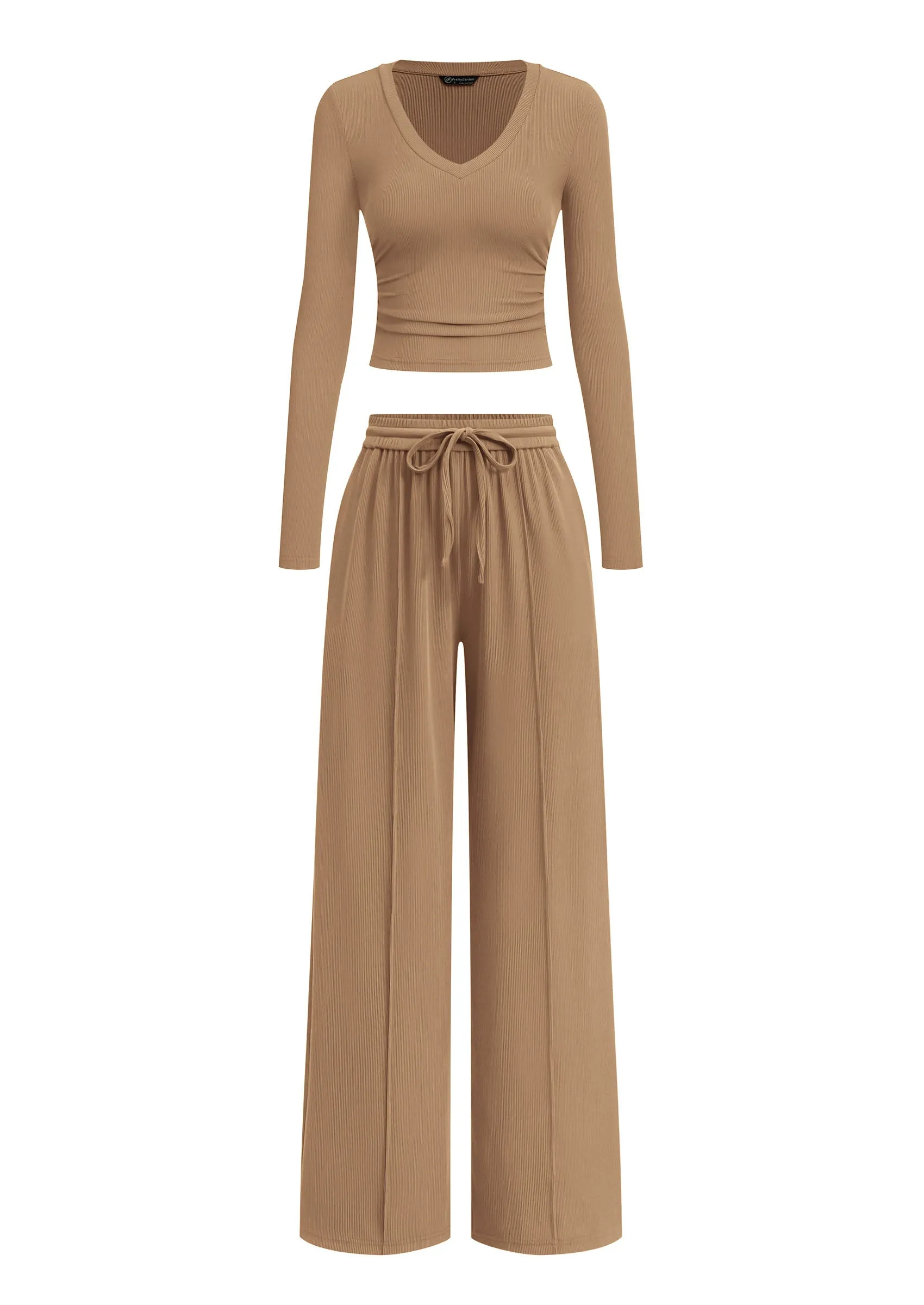 PRETTYGARDEN Women's 2 Piece Lounge Sets Matching Clothing | V Neck Long Sleeve Tops, Wide Leg Pants Pockets, Airport Travel Outfits, Soft Ribbed Knit, Drawstring Waist, Fall Resort Wear sold by PrettyGarden product image thumbnail 4