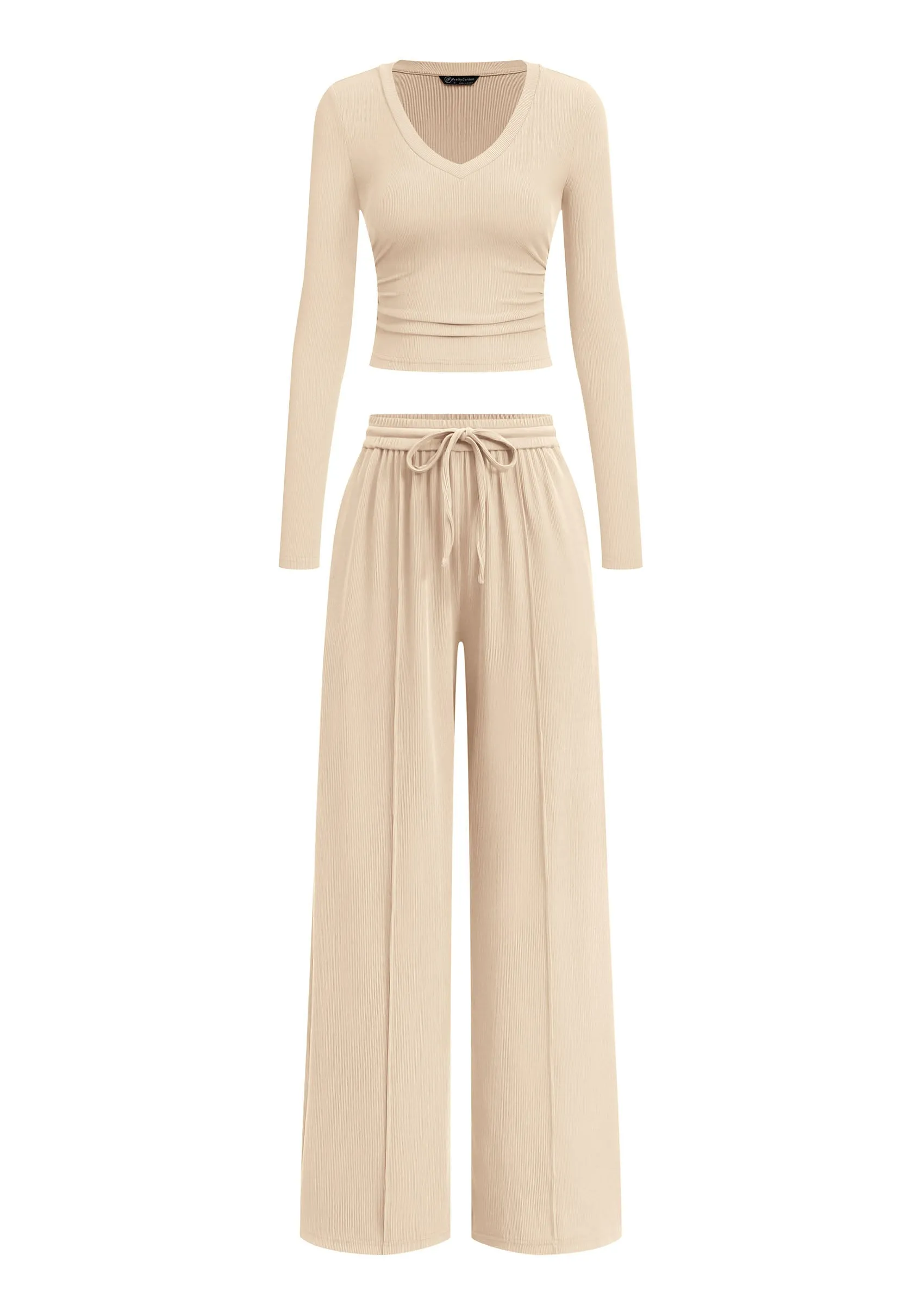 PRETTYGARDEN Women's 2 Piece Lounge Sets Matching Clothing | V Neck Long Sleeve Tops, Wide Leg Pants Pockets, Airport Travel Outfits, Soft Ribbed Knit, Drawstring Waist, Fall Resort Wear sold by PrettyGarden