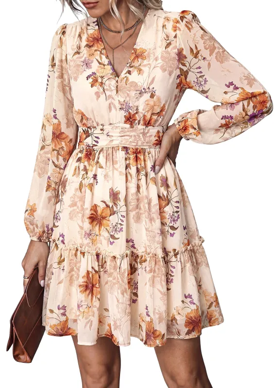 PRETTYGARDEN Women Floral Long Sleeve Mini Dress | Fall Wedding Guest Dresses, V Neck, Fit & Flare, Ruffle Hem A-Line, Short Chiffon Dress, Elegant Holiday Party, Date Outfits made by PrettyGarden