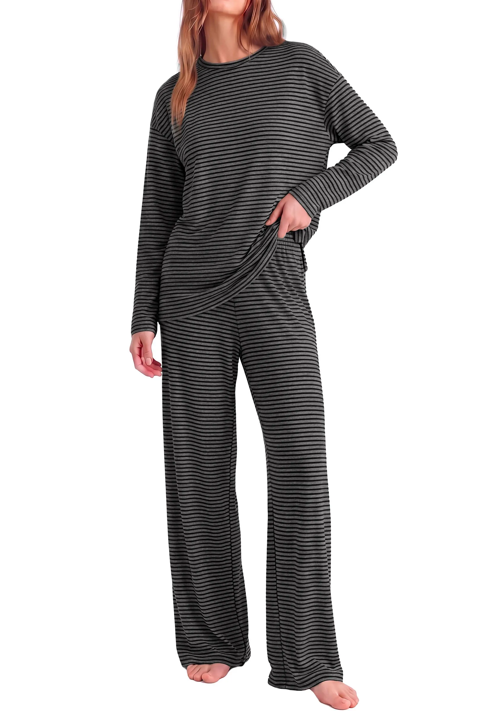 PRETTYGARDEN Womens Striped Lounge Set Fall Winter 2 Piece Sets | Side Slit Long Sleeve T-Shirts & Wide Leg Pants, Matching Pajama Sets, Comfy Pj Set, Loungewear with Pockets, Fashion Clothes sold by PrettyGarden product image thumbnail 5
