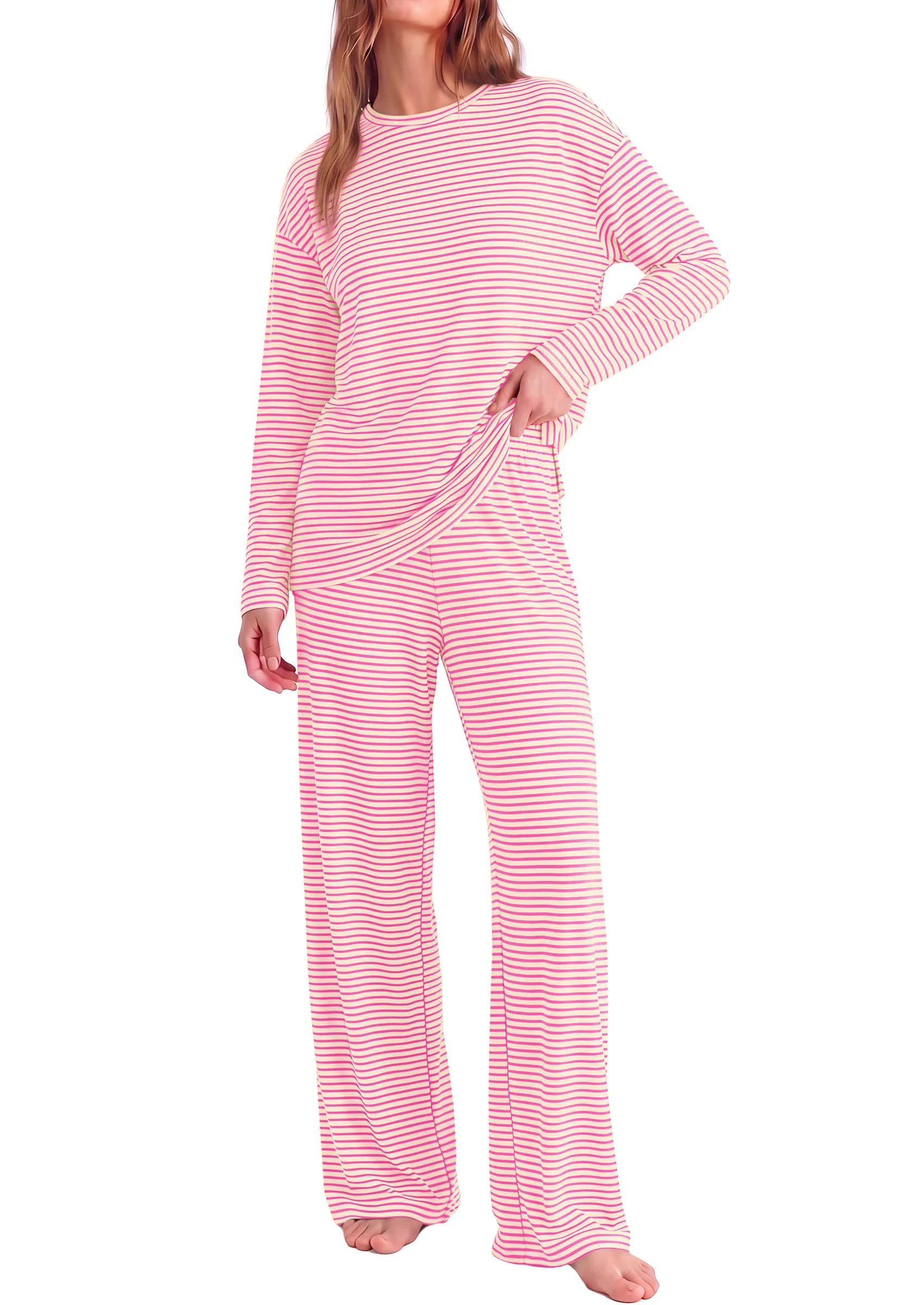 PRETTYGARDEN Womens Striped Lounge Set Fall Winter 2 Piece Sets | Side Slit Long Sleeve T-Shirts & Wide Leg Pants, Matching Pajama Sets, Comfy Pj Set, Loungewear with Pockets, Fashion Clothes sold by PrettyGarden product image thumbnail 2