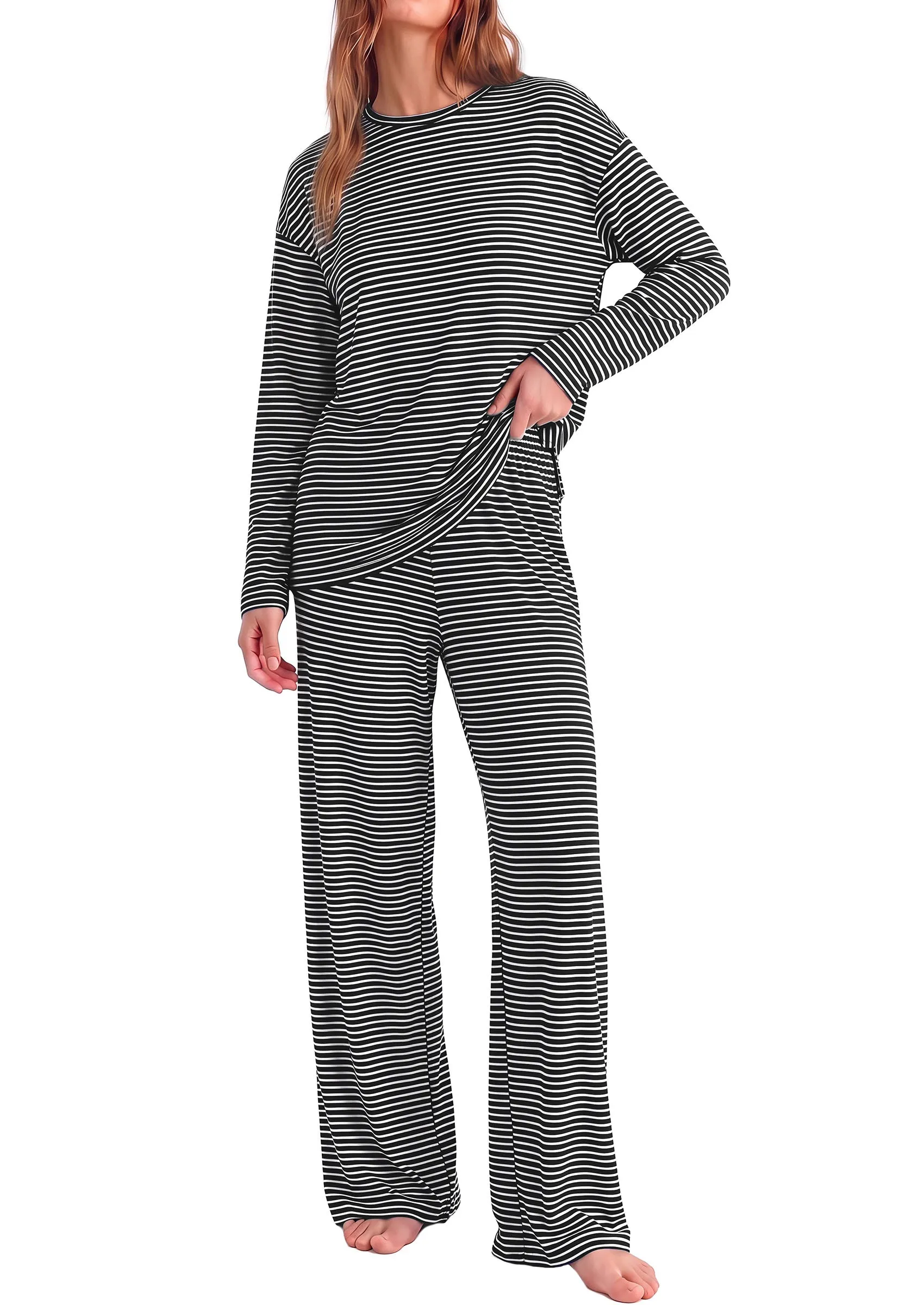PRETTYGARDEN Womens Striped Lounge Set Fall Winter 2 Piece Sets | Side Slit Long Sleeve T-Shirts & Wide Leg Pants, Matching Pajama Sets, Comfy Pj Set, Loungewear with Pockets, Fashion Clothes sold by PrettyGarden product image thumbnail 3
